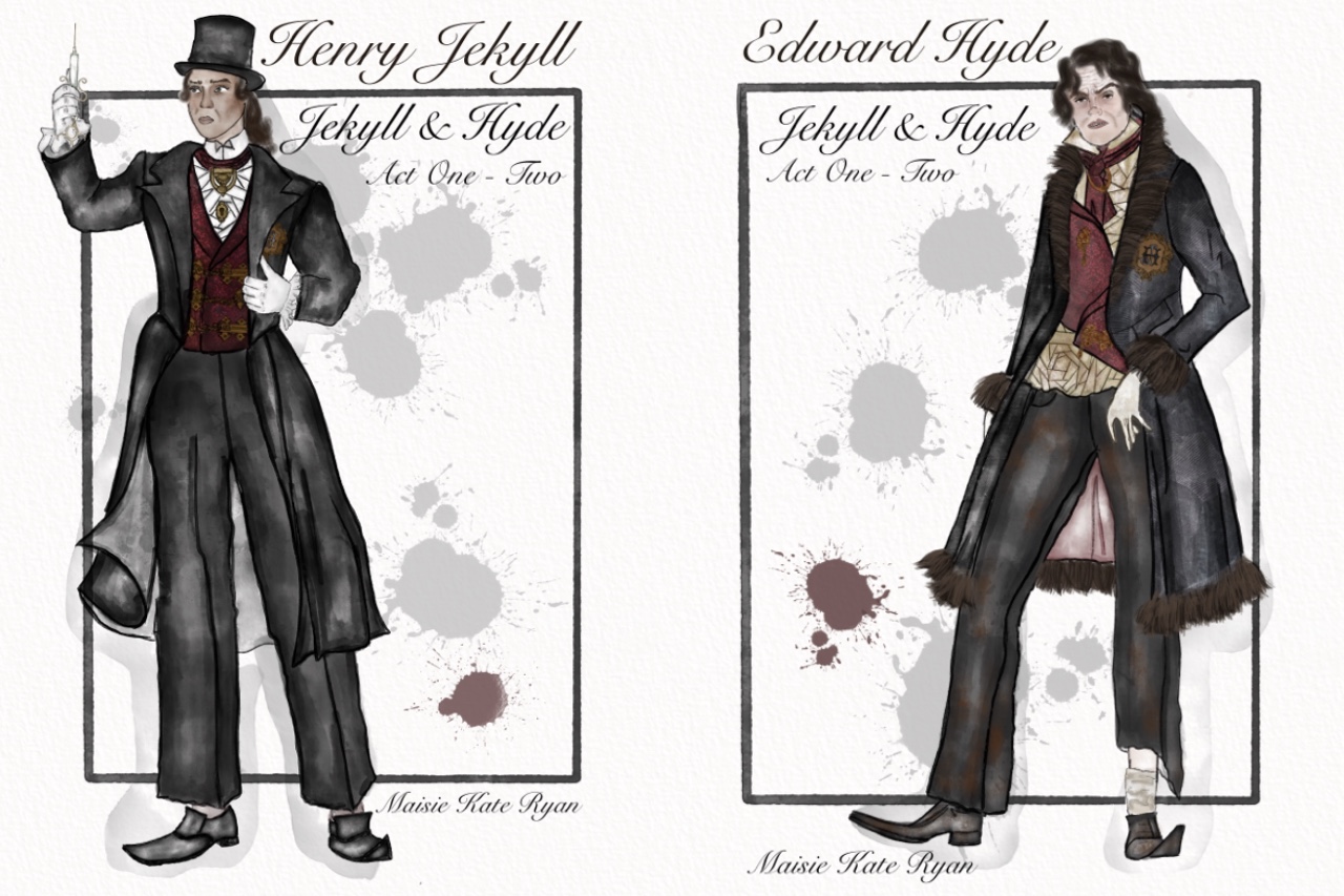 Illustrations of two characters from "Jekyll & Hyde": Henry Jekyll wearing a top hat and formal attire on the left, and Edward Hyde in dark, stylish clothing with a high collar on the right. Both figures are set against a background with splatters of colour.