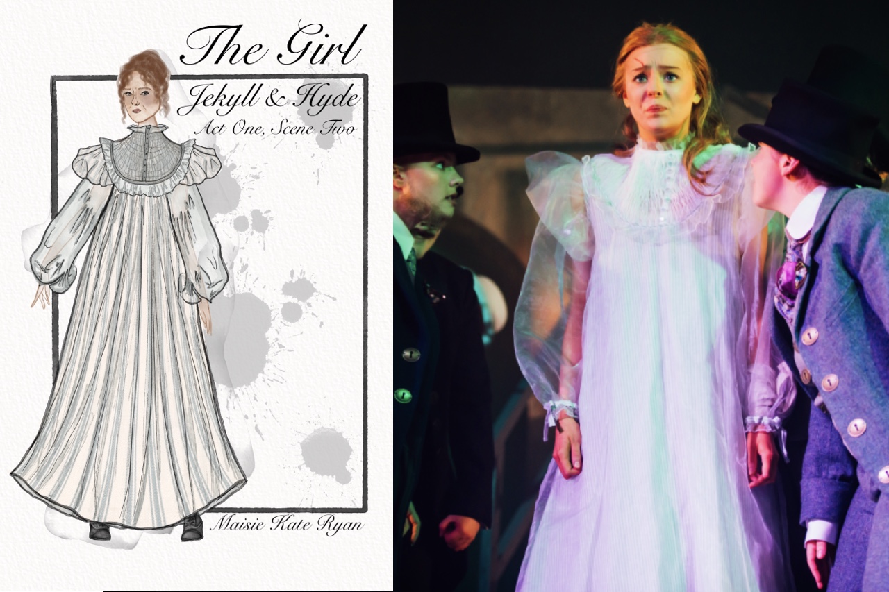 A costume design sketch for 'The Girl' from 'Jekyll & Hyde,' featuring a character in a long white dress with puffed sleeves on the left. On the right, an actress wearing a similar dress performs on stage, surrounded by cast members in Victorian attire.