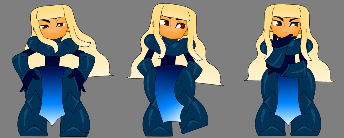 An animated character with blonde hair and wearing dark blue armour drawn in three different positions.