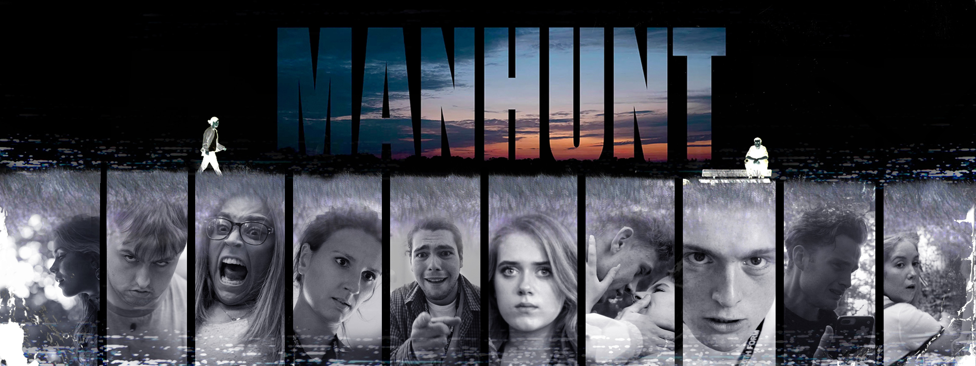 Film poster with "MANHUNT" title in blue gradient letters above row of black-and-white portrait photographs in frames.