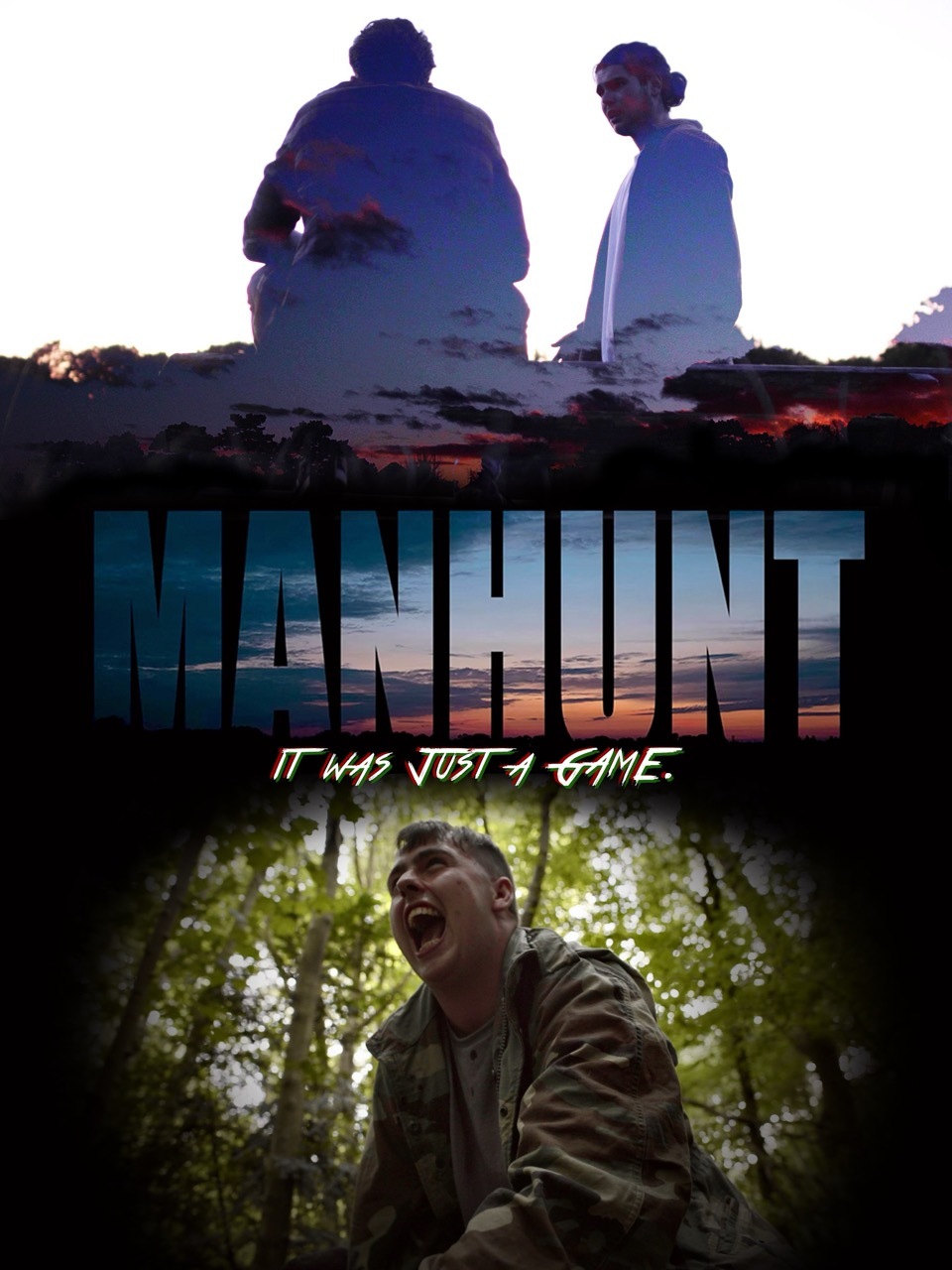 Film poster with two silhouetted figures against twilight sky at top, large blue "MANHUNT" text in centre, tagline below, screaming man's face at bottom.
