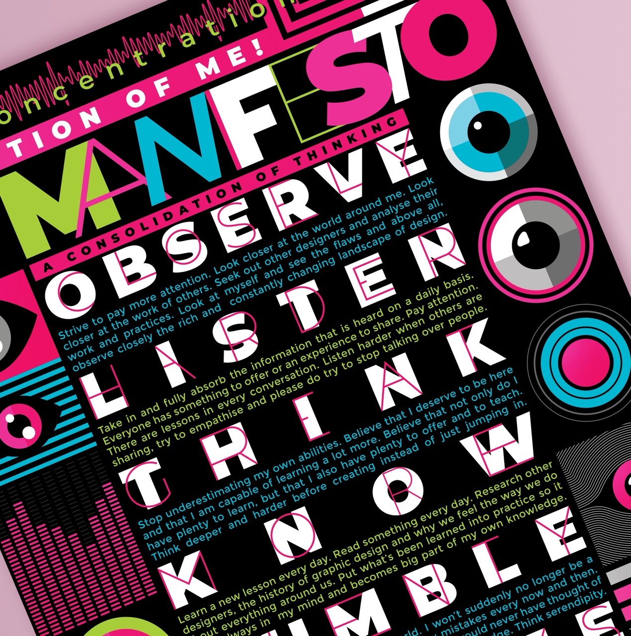 Black-framed poster on pink wall with neon green, pink, and blue geometric shapes and text reading "MANIFESTO OBSERVE LISTEN THINK KNOW FUMBLE CREATE"