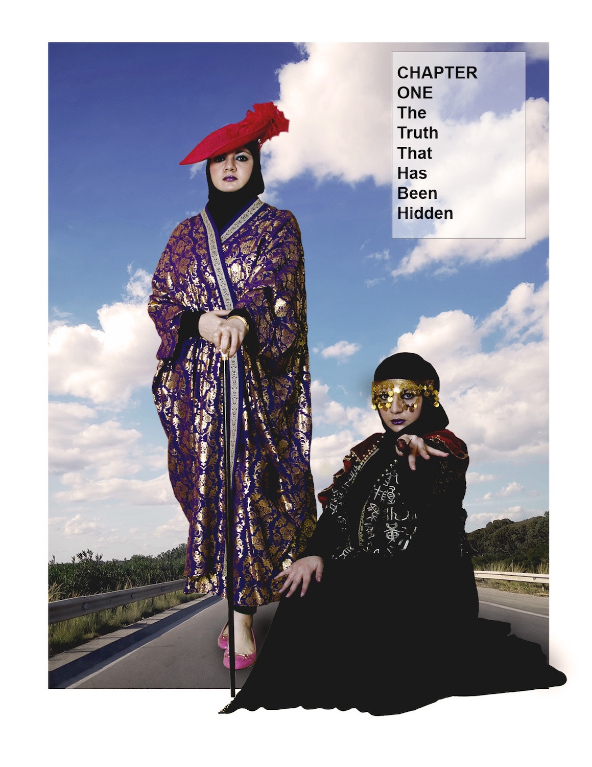 A woman in a purple patterned robe and red hat stands on the left side of the image, holding a cane. A seated woman wearing a black outfit and gold mask is positioned in front of her on the right. The background features a cloudy sky and road.