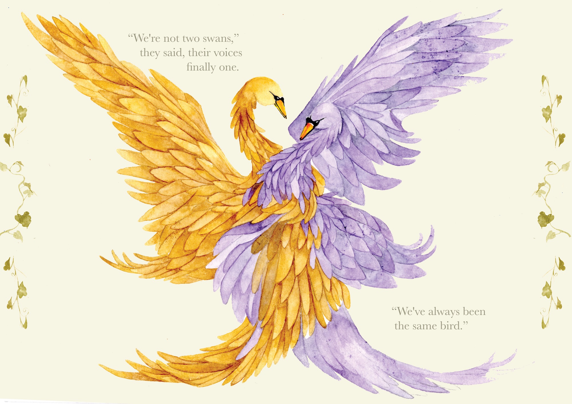 Two stylised birds with overlapping gold and lavender wings face each other on a cream background, with small quoted text above and beside them.
