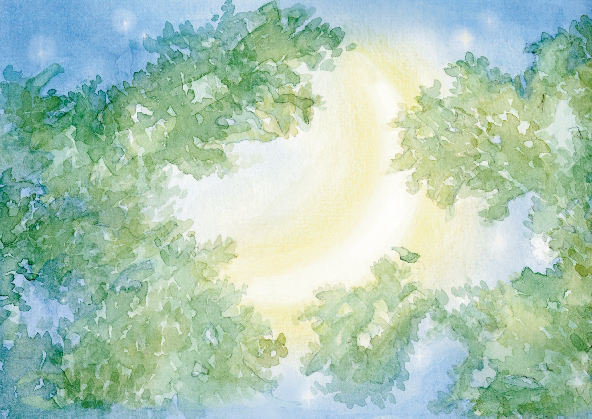 Watercolour painting of green tree canopies framing a bright sun against a pale blue sky.