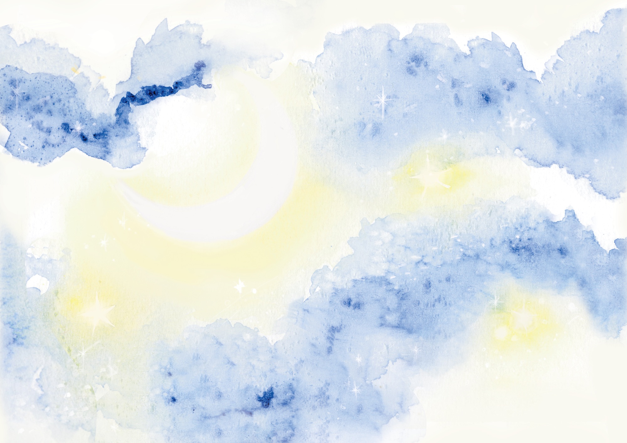 Abstract blue and pale yellow watercolour clouds on a white background, with soft layered washes across the image.