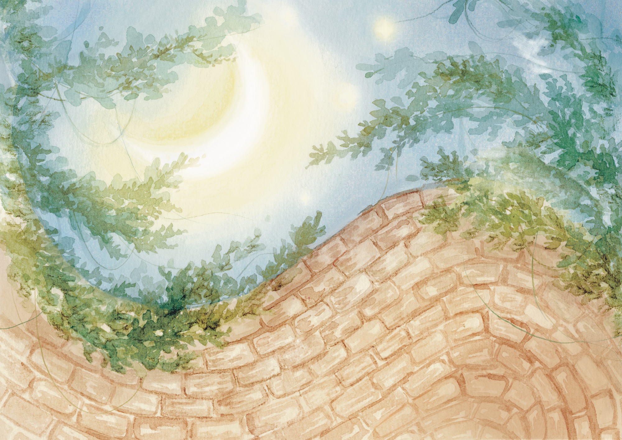 Watercolour illustration of a curved brick path beneath leafy branches, with a bright sunlit sky above.