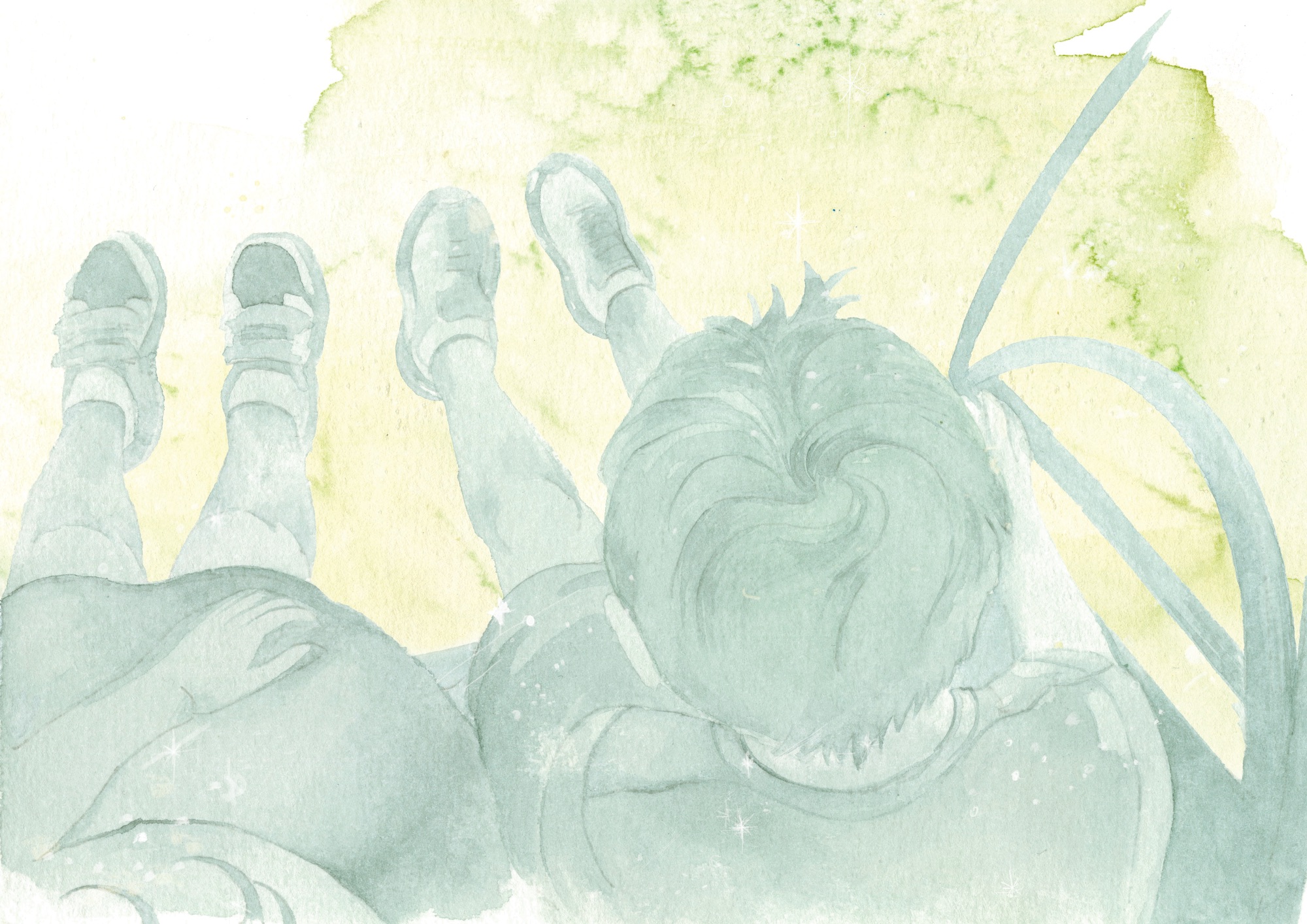 Two children lie on their backs looking up at a pale yellow and green painted surface, with their legs and shoes visible in the foreground.