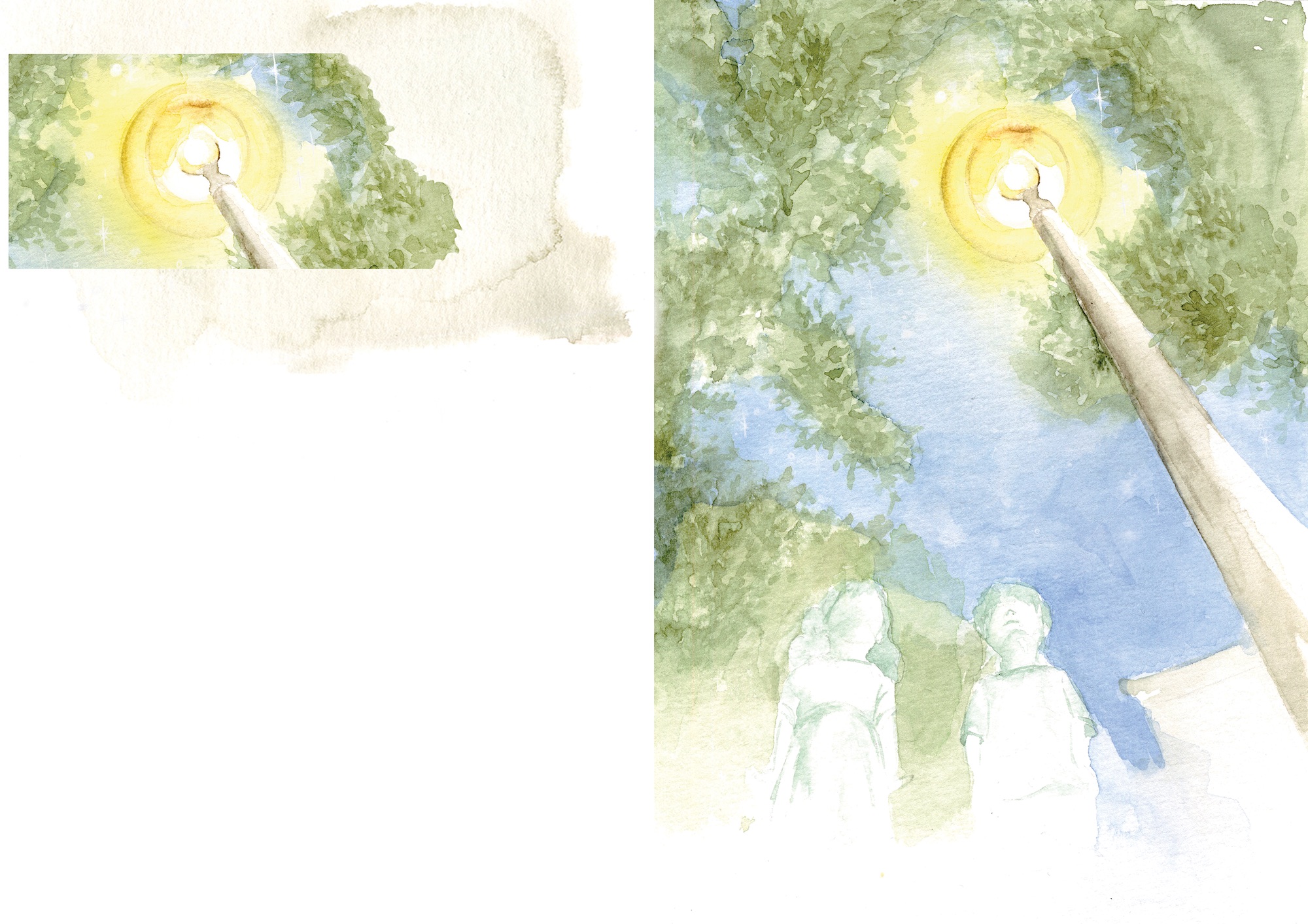 A watercolour illustration showing two pale figures looking up at a tall lamp post or pole with a glowing light, framed by tree branches and a blue sky.