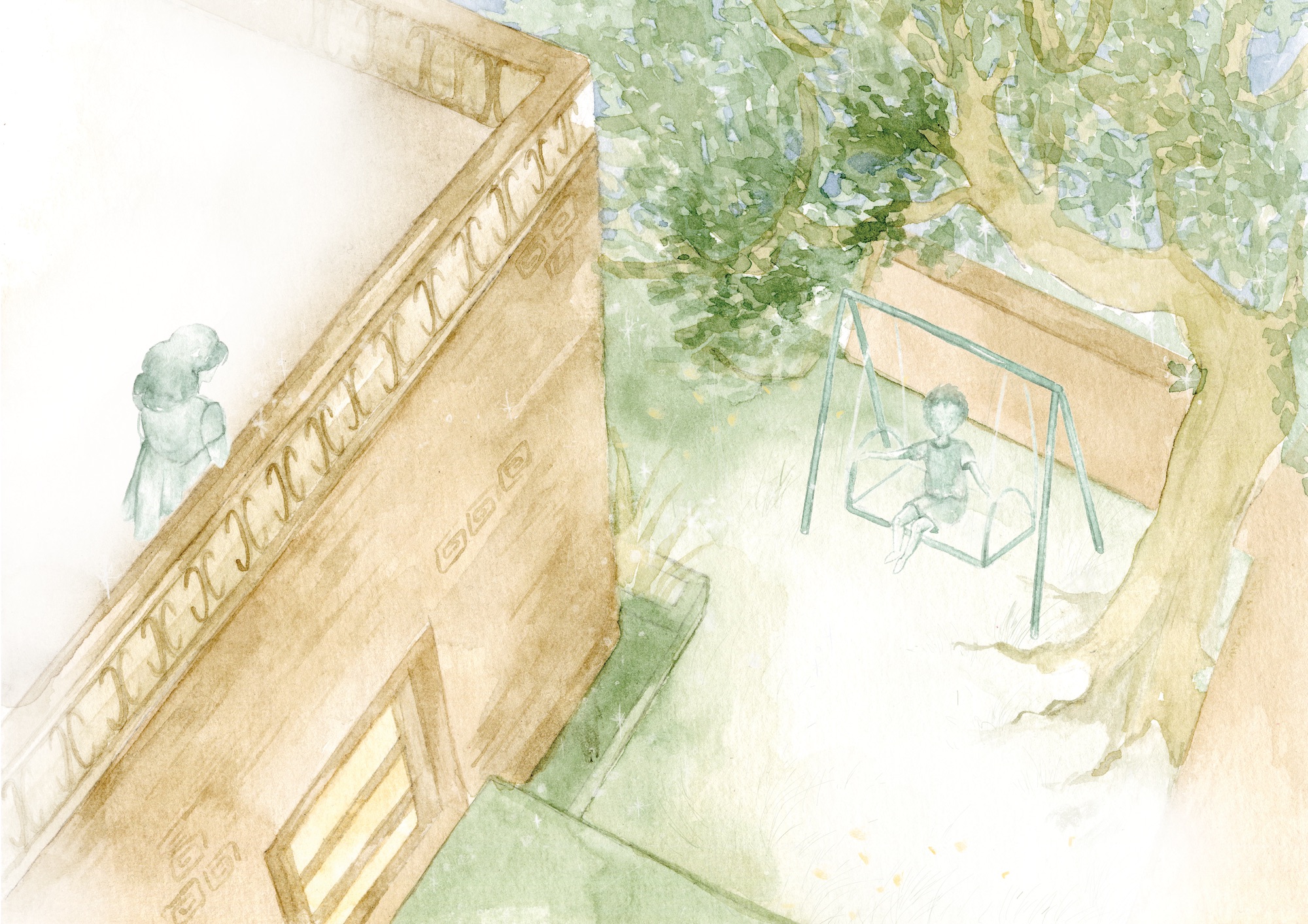 A watercolour illustration of a building roof beside a tree, with a child on a swing in the yard below.