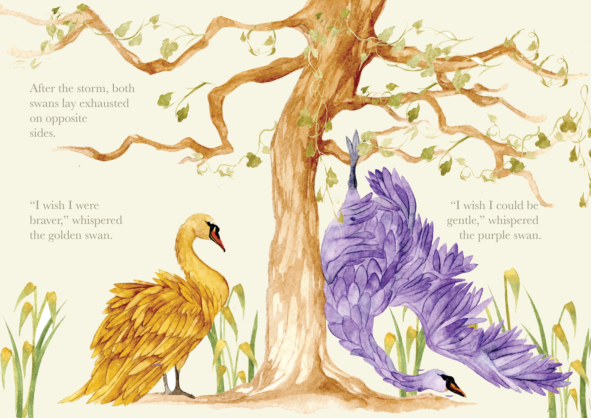 An illustration of two swans resting beneath a tree, with a golden swan on the left and a purple swan on the right, against a pale background with grasses and branches.