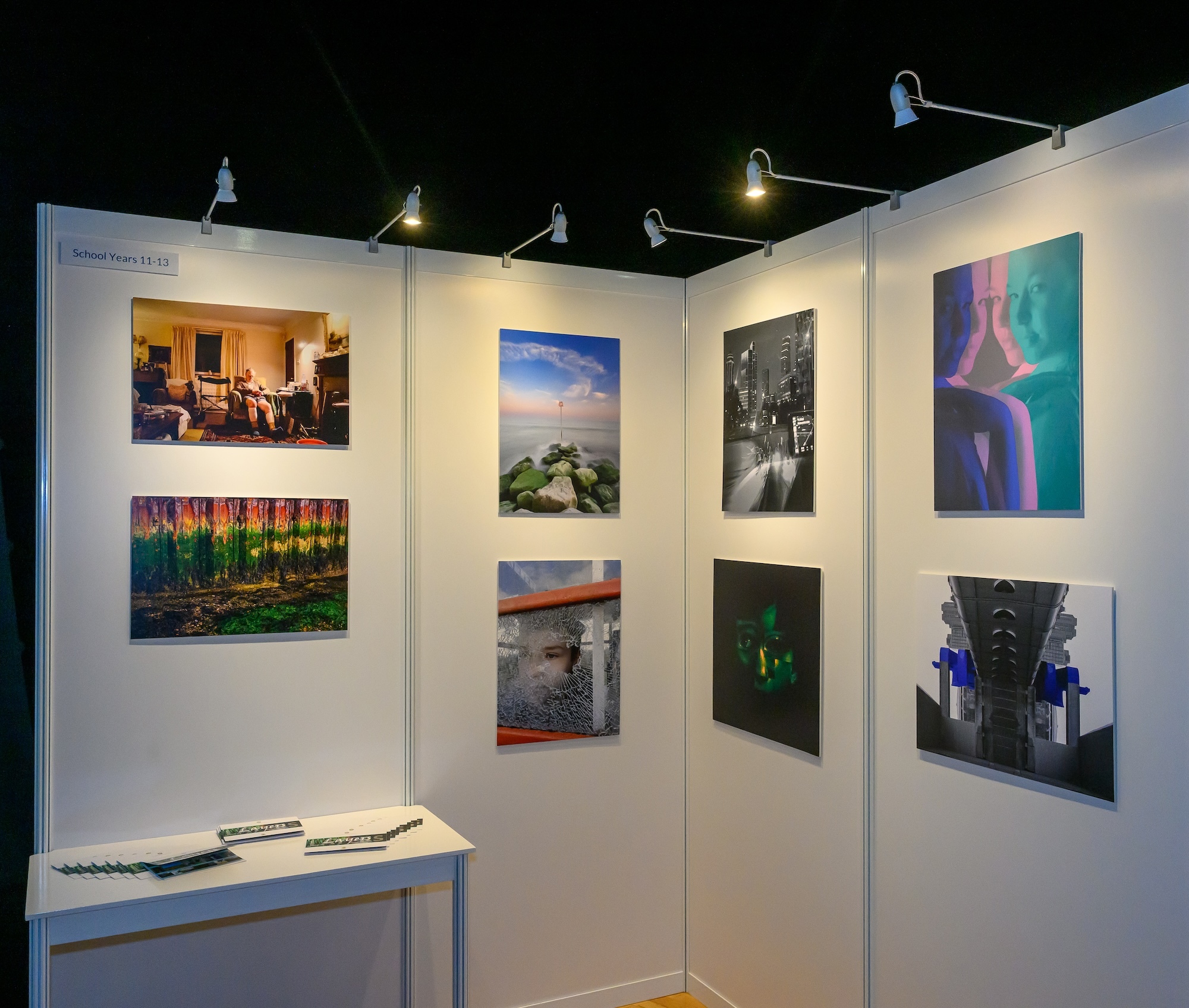 A corner display with eight varied photographs on display at an exhibition event.