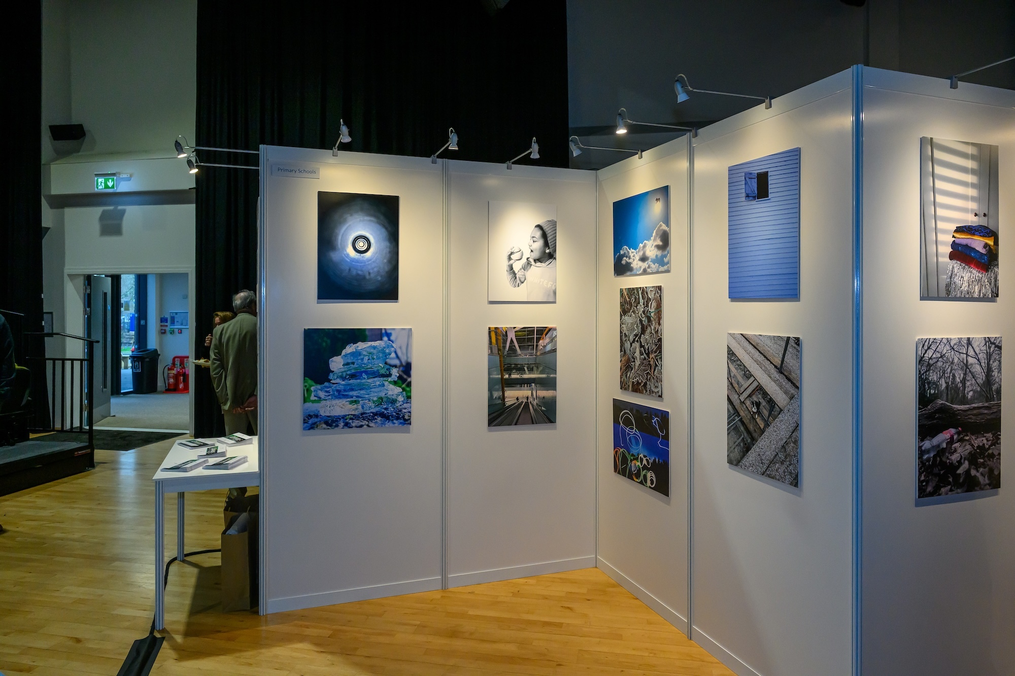 Three display panels with 11 different photos on display at an exhibition event.