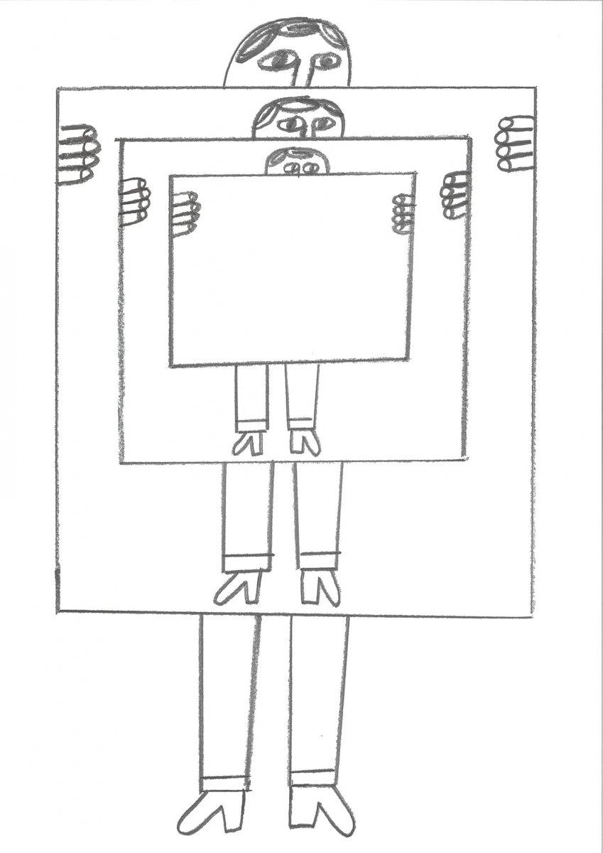 Pencil sketch of man holding an image of a man holding an image of a man holding an image.