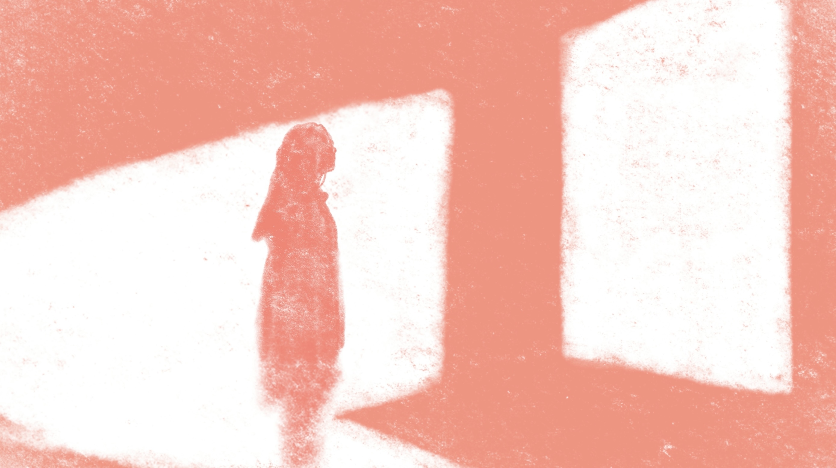 Red silhouette of person standing in white geometric interior space with angular walls and bright lighting from unseen source.