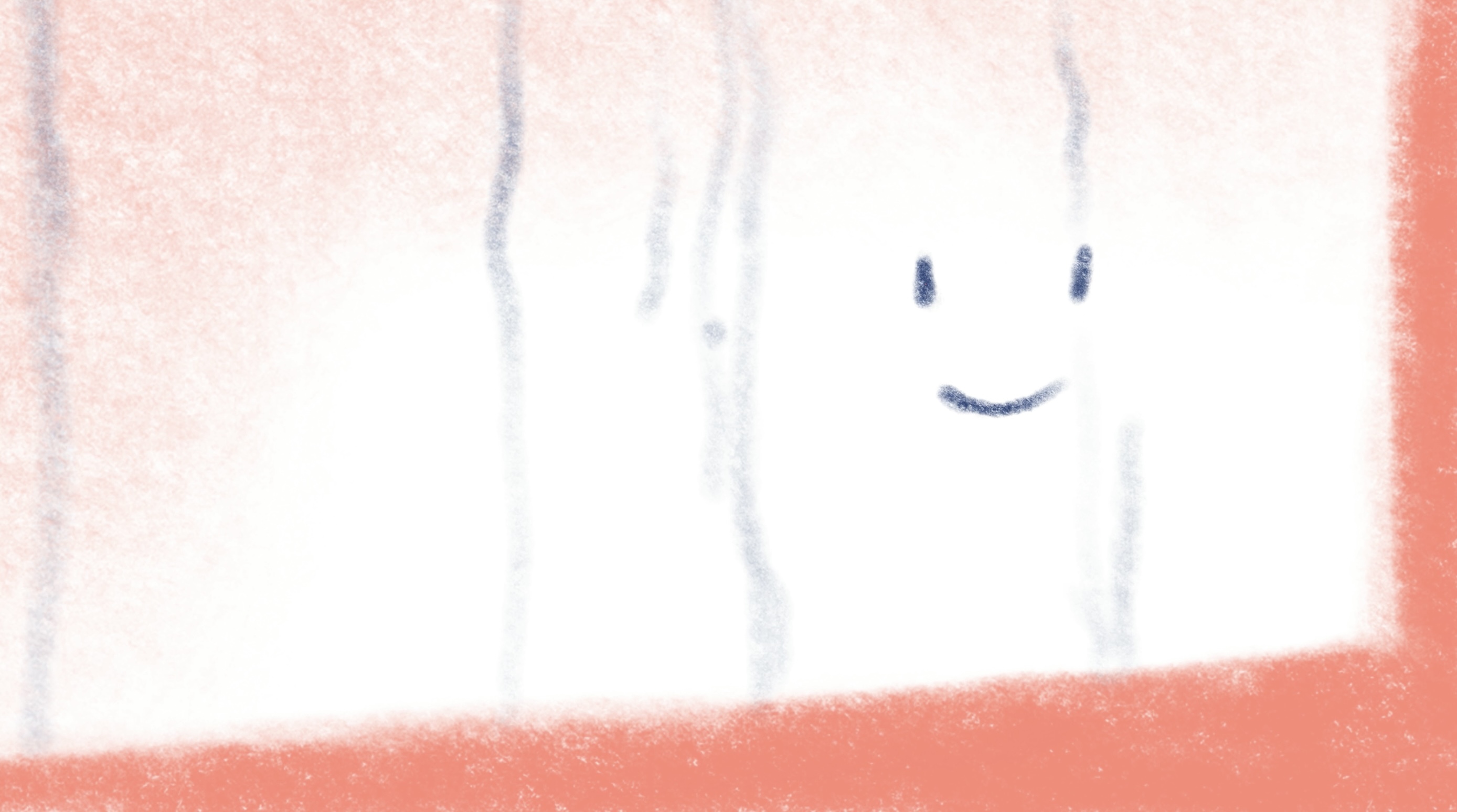 White rectangular shape with simple black dots and curved line forming a face, set against soft pink and orange watercolour background.
