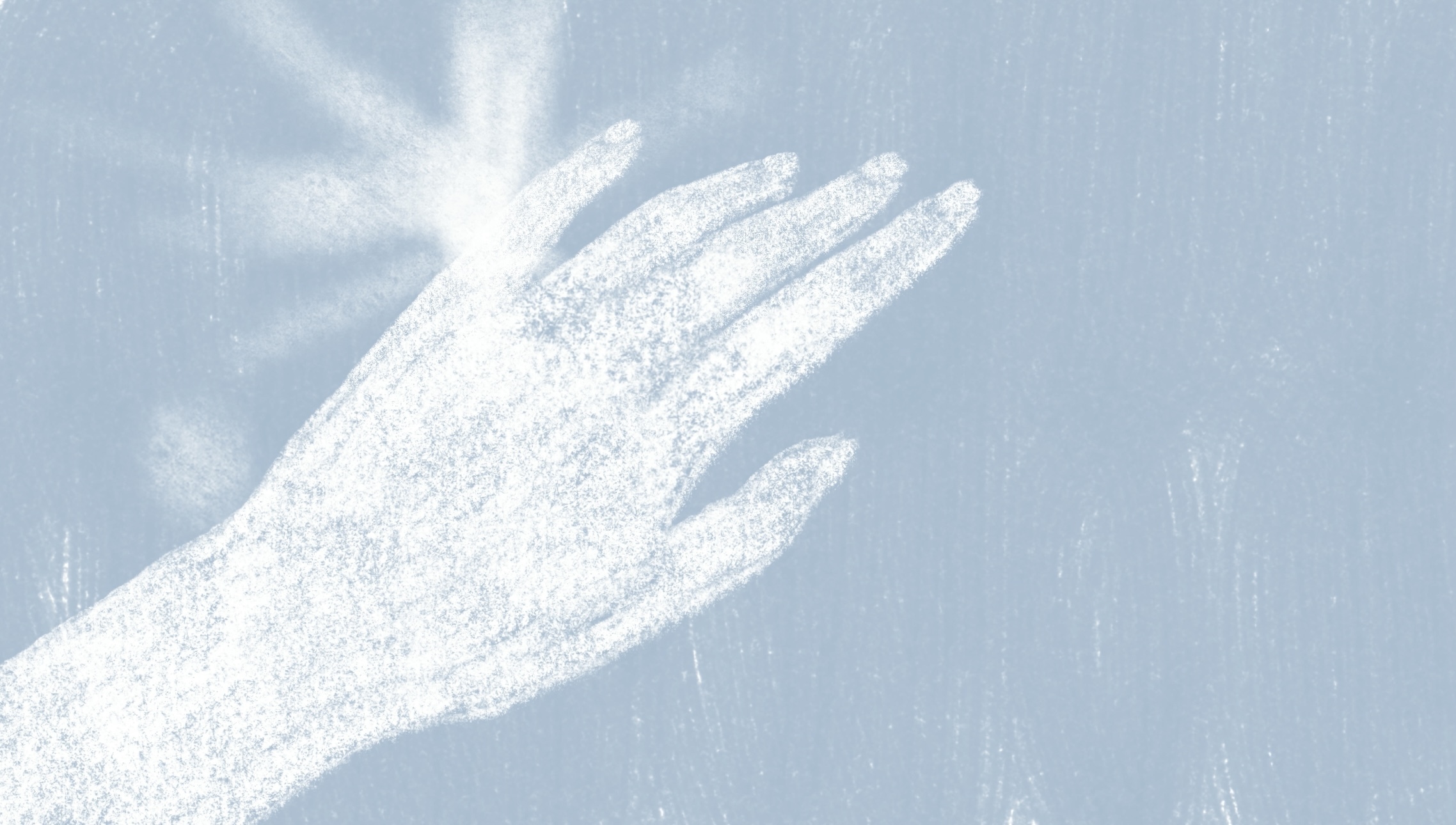 White hand silhouette with radiating light beams against soft blue-grey background with subtle texture and luminous effects.