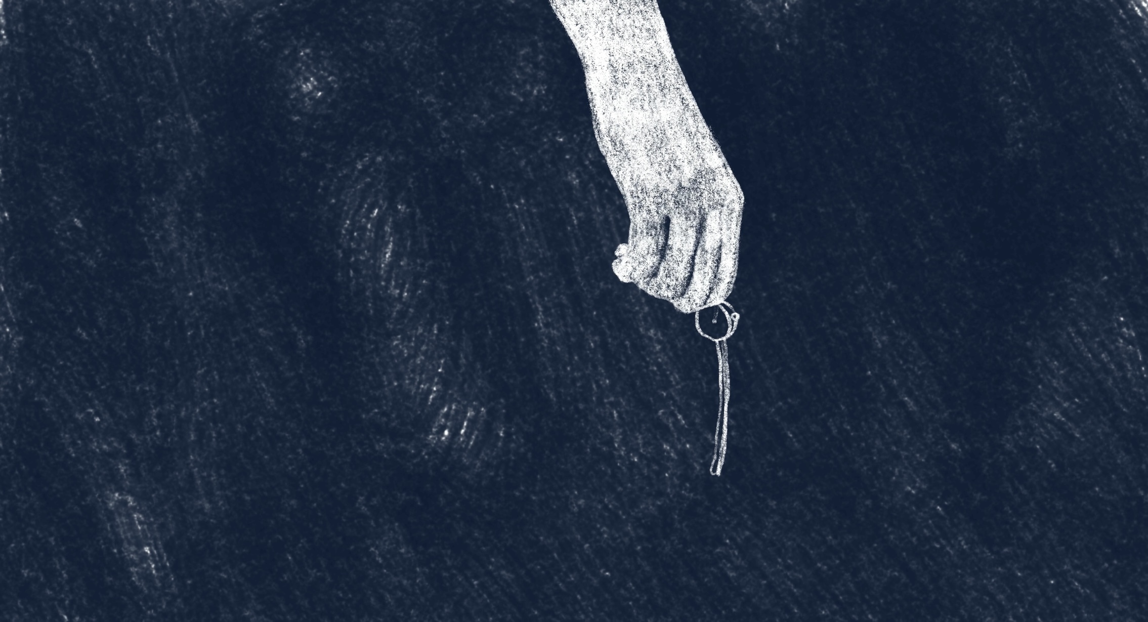 White hand holding a key against dark blue-black textured background with scratched surface details.
