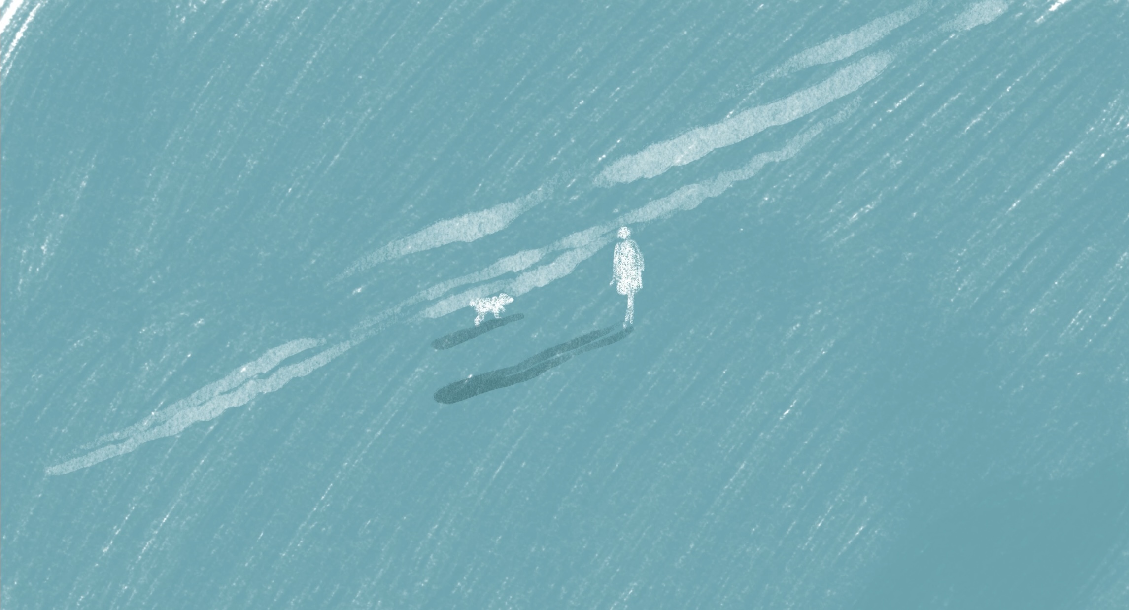 Two people swimming in turquoise water with white foam patterns and waves visible from above.