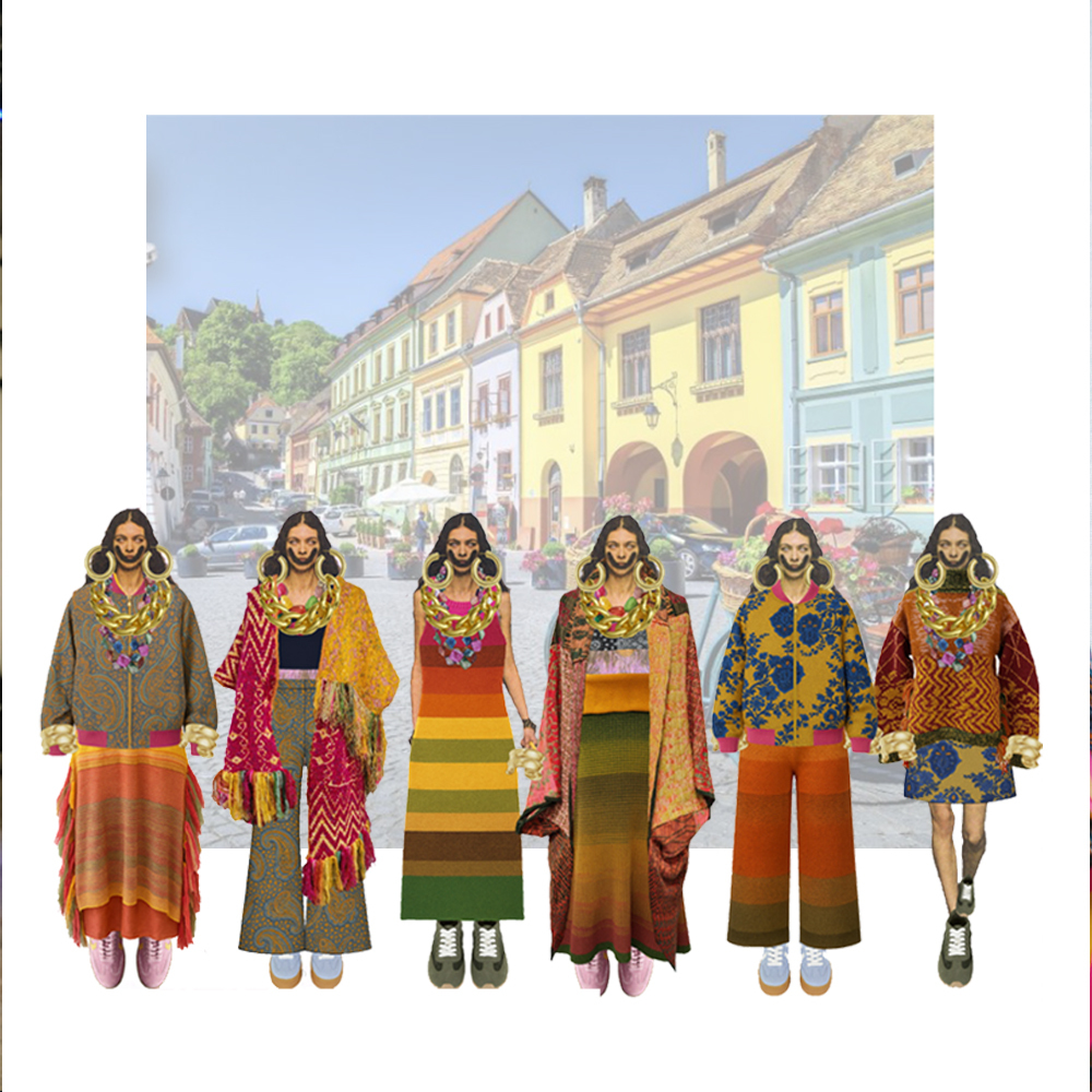 Six figures in colourful traditional clothing stand before pastel-coloured European buildings. Bright yellows, oranges, greens dominate garments.