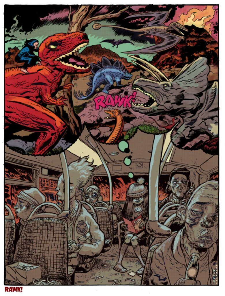 Comic illustration split horizontally: top half shows red and grey dinosaurs with open jaws, bottom half depicts people inside vehicle interior.