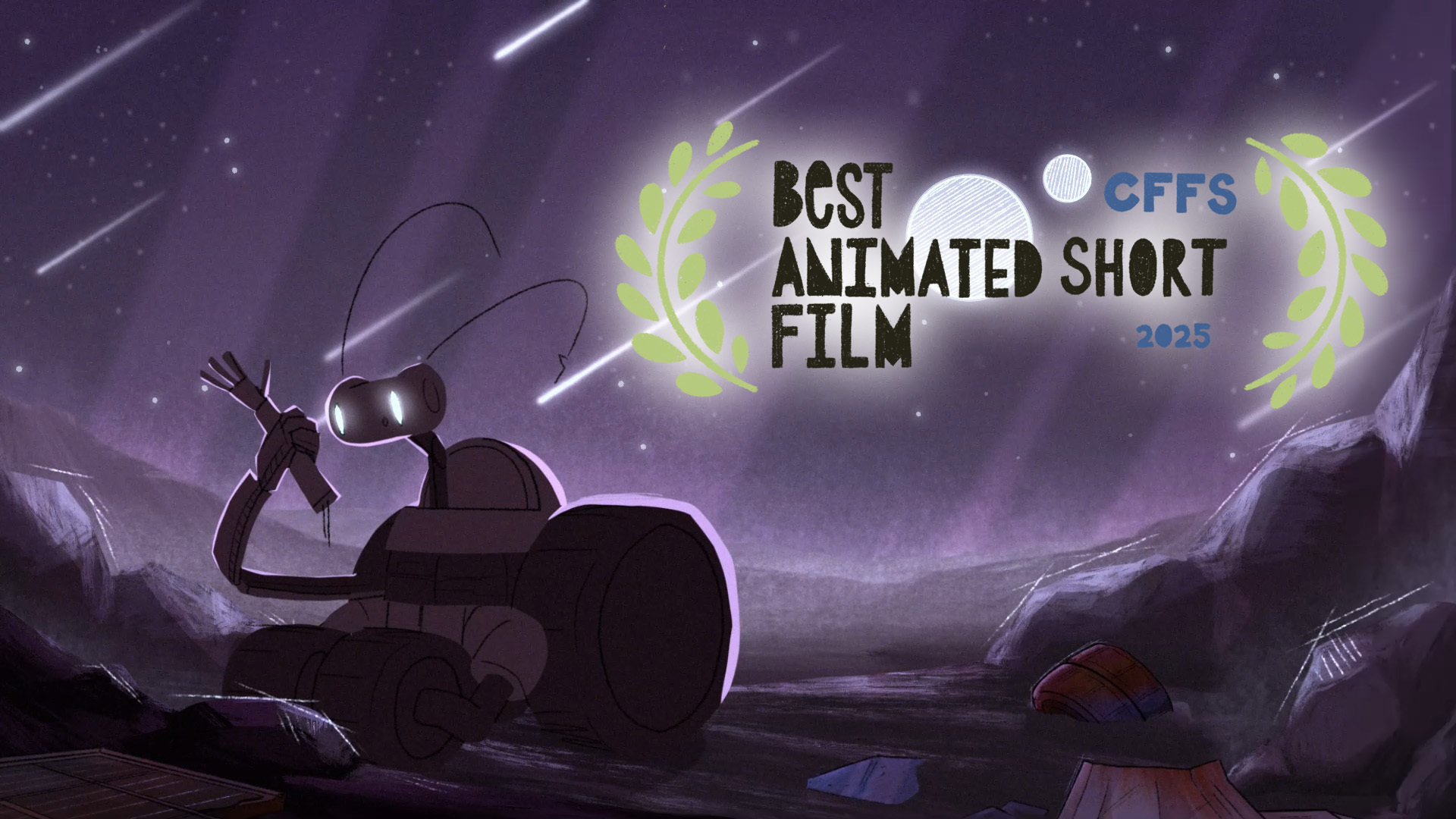 Silhouetted figure sits on rocky surface under purple starry sky with white meteors. Yellow circular wreath frames "BEST ANIMATED SHORT FILM" text.