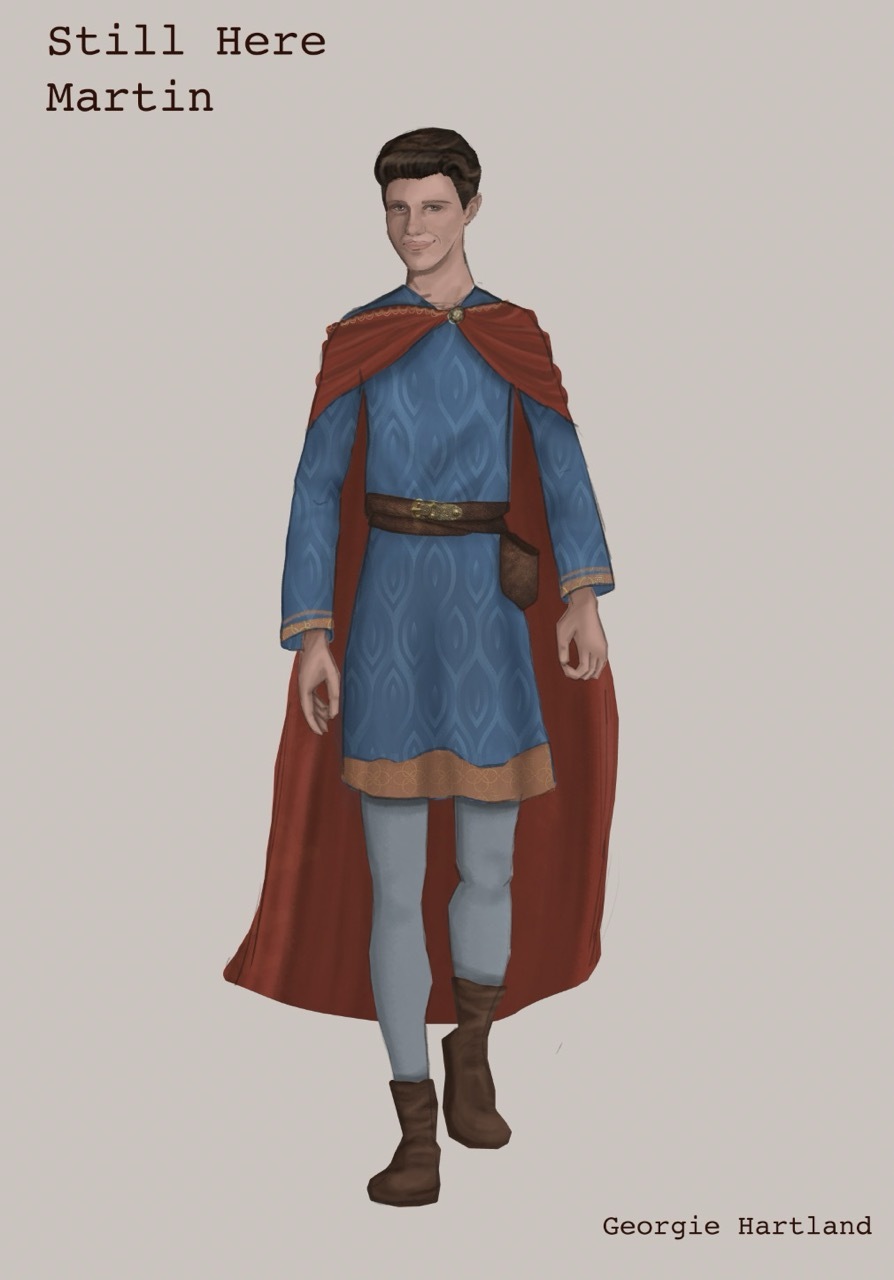 Illustrated costume design for Martin from Still Here, knight costume with a blue tunic and red cloak.