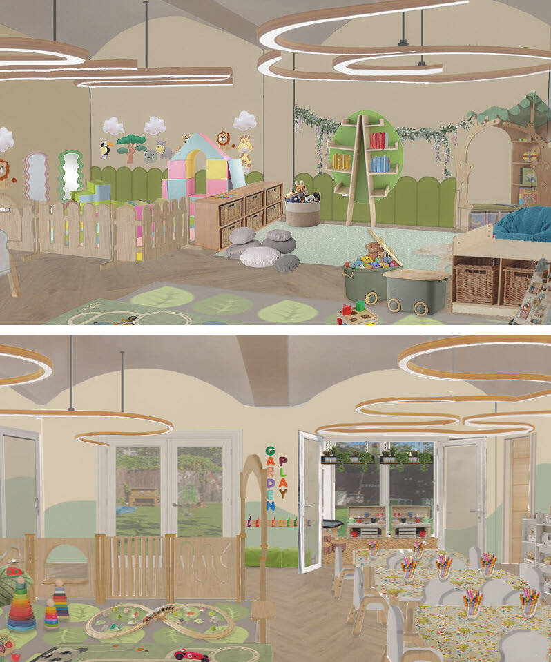 Two concept artworks of interior spaces, beige and green, for a nursery with floral/nature illustrations.
