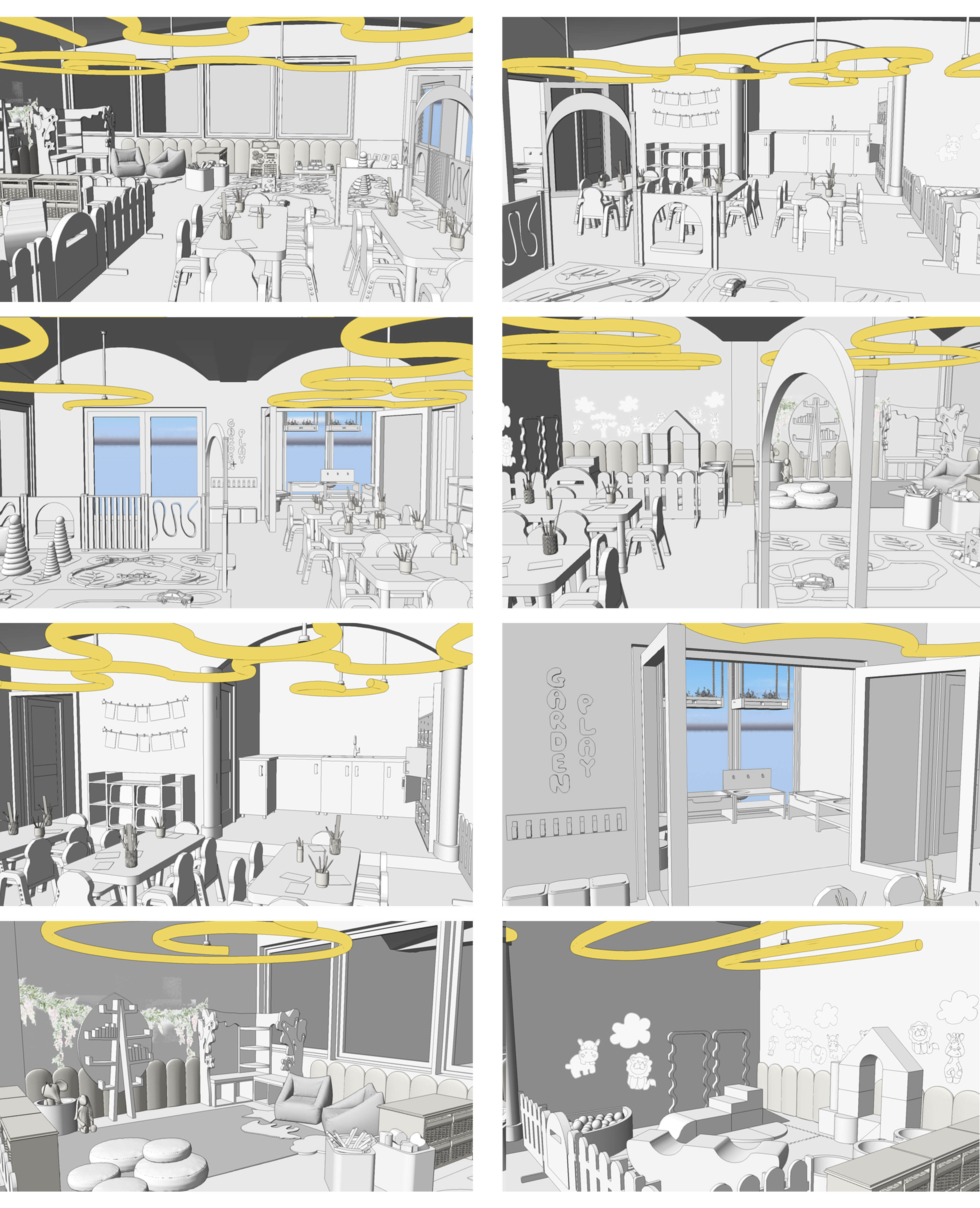 Eight split images of 3D interior renders with yellow lighting.