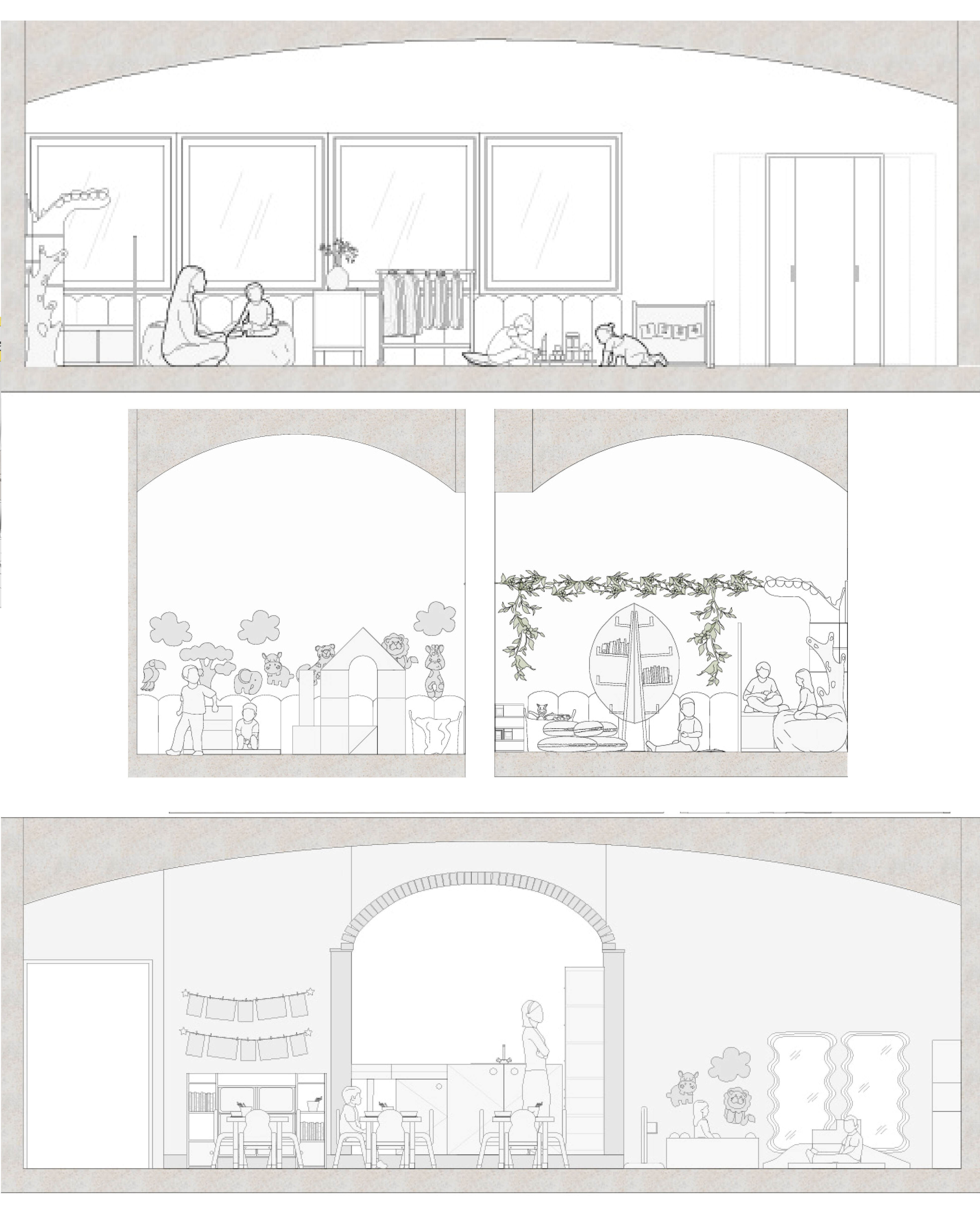 2D, outline illustrations of an indoor nursery, white background.