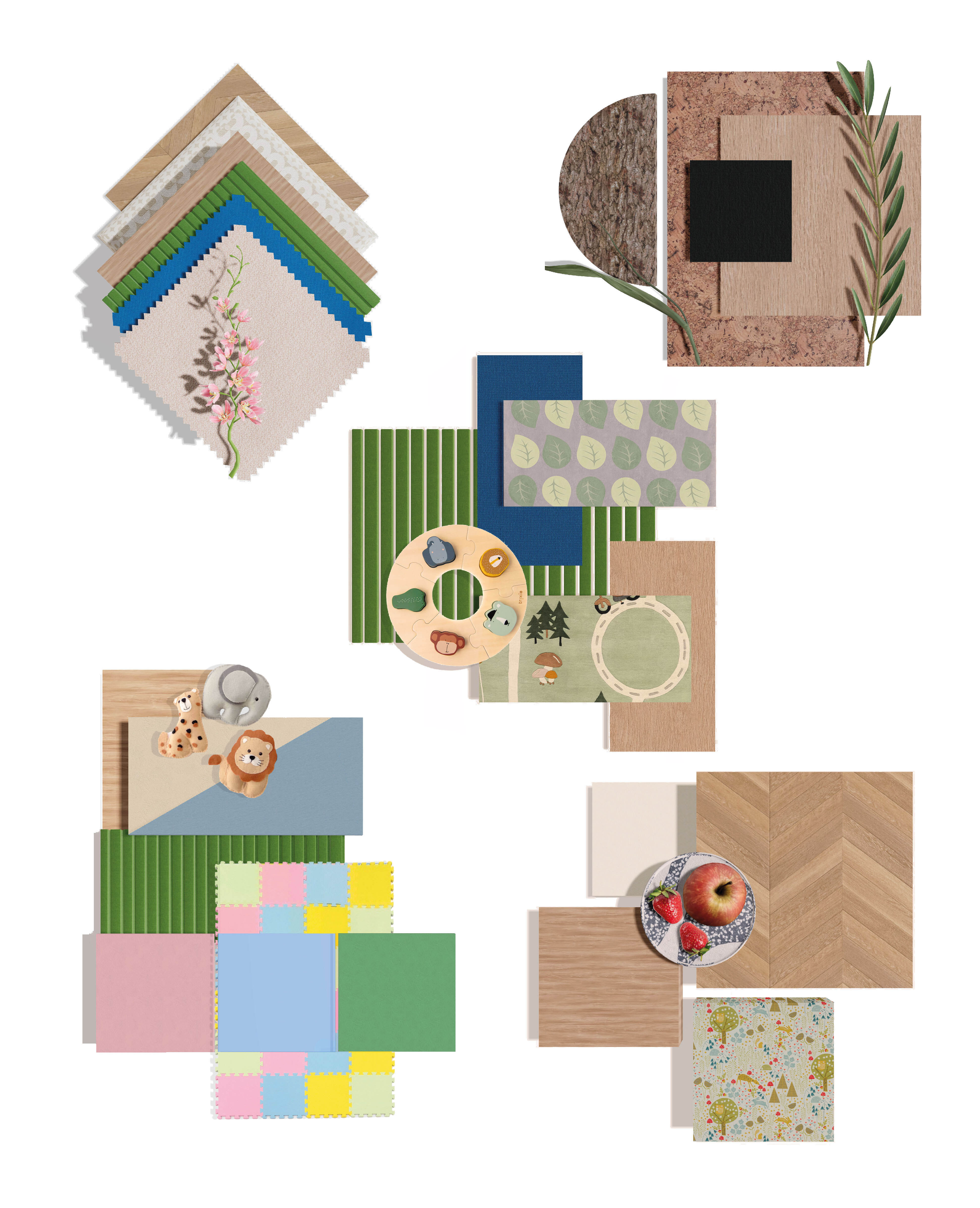 Collage and palette of textures, colours and objects for a nursery space, white background.