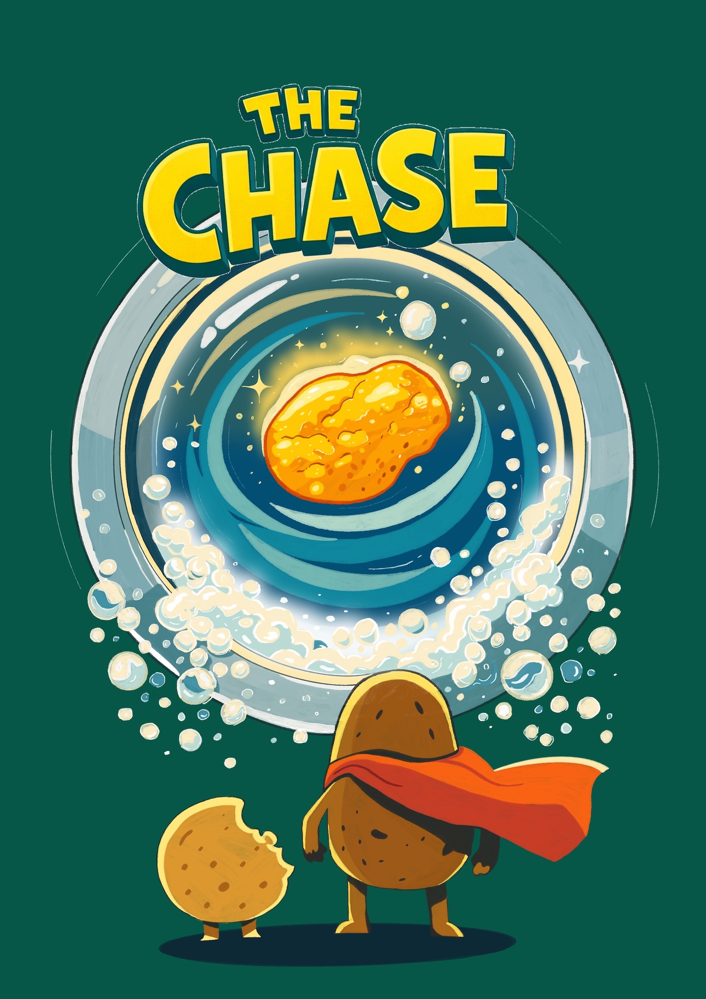 An illustrated potato with a red cape stands beside a bitten biscuit, looking up at a floating orange object inside a circular portal, with the title 'The Chase' above.