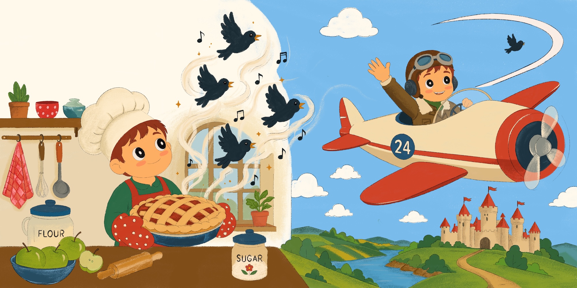A cartoon child baker in a chef’s hat holds a lattice pie beside jars labelled flour and sugar, while another child flies a toy aeroplane past birds and a castle over a green landscape.