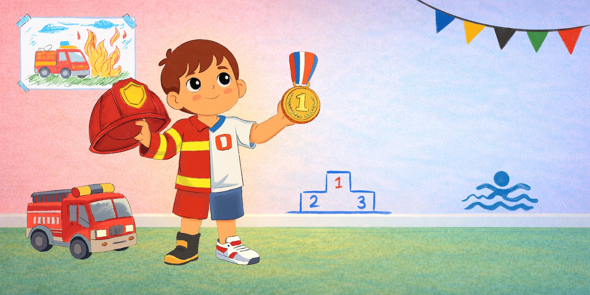 A cartoon child in a firefighter outfit holds a gold medal, with a toy fire engine, a flames poster and bunting in the background.