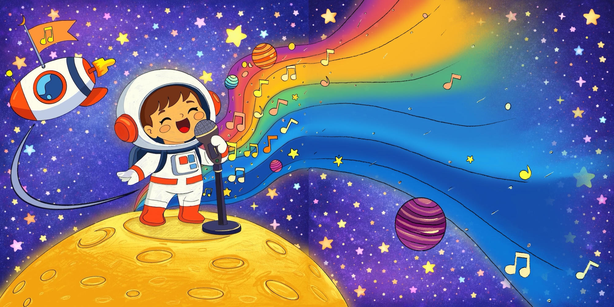 A cartoon child astronaut singing into a microphone on a yellow moon, with a small rocket and colourful rainbow music notes against a starry space background.