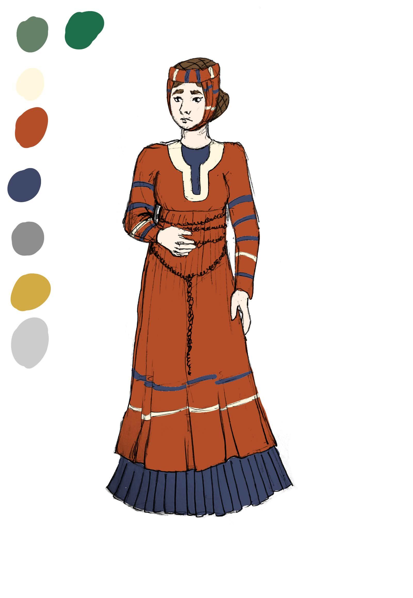 Historical costume illustrations for the character of Matilda de Briouze as part of a collaboration between AUB alumna and the National Trust