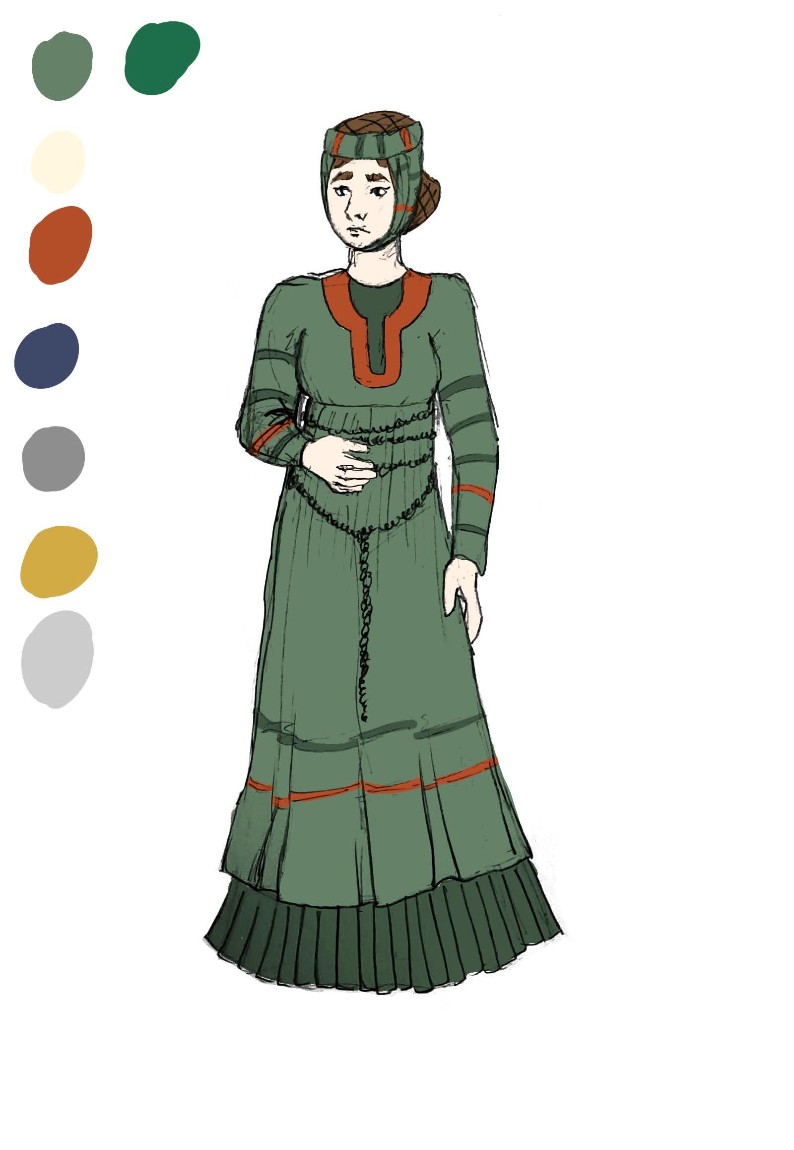 Historical costume illustrations for the character of Matilda de Briouze as part of a collaboration between AUB alumna and the National Trust
