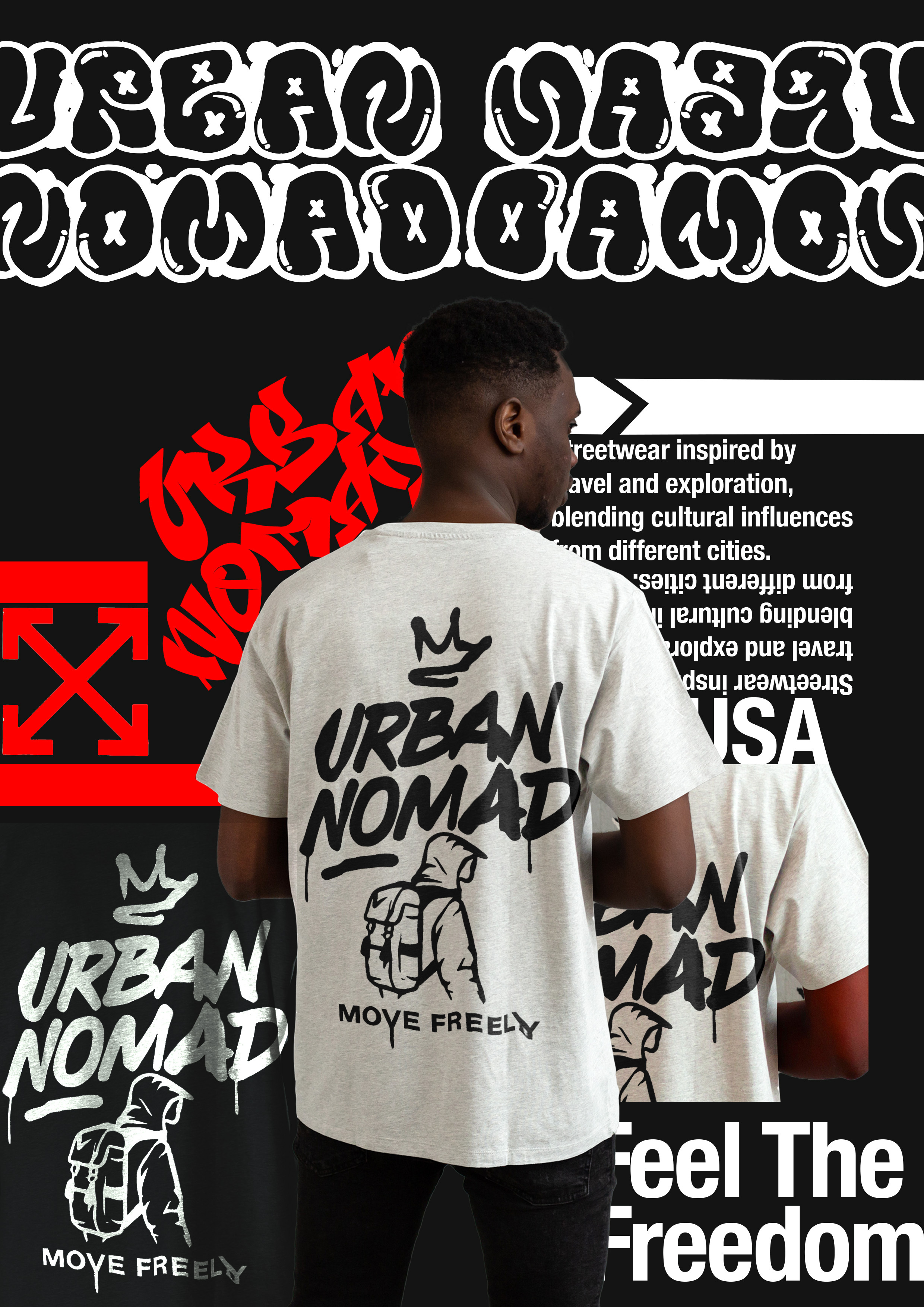 Man wearing white t-shirt with "URBAN NOMAD" text and crown logo. Black background with decorative bubble letters and red geometric shapes.