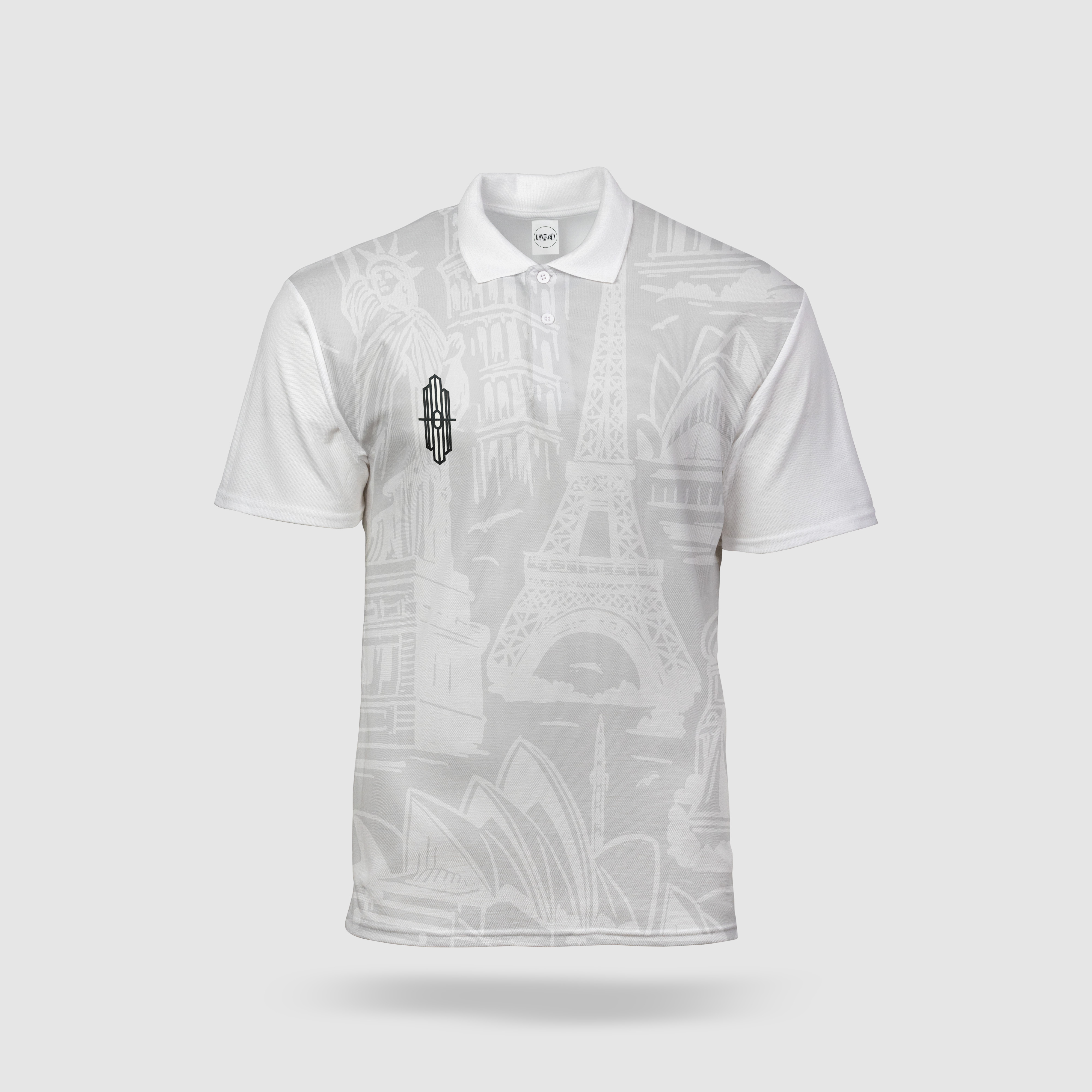 White polo shirt with subtle grey botanical print pattern and small black logo on chest, displayed on grey background.