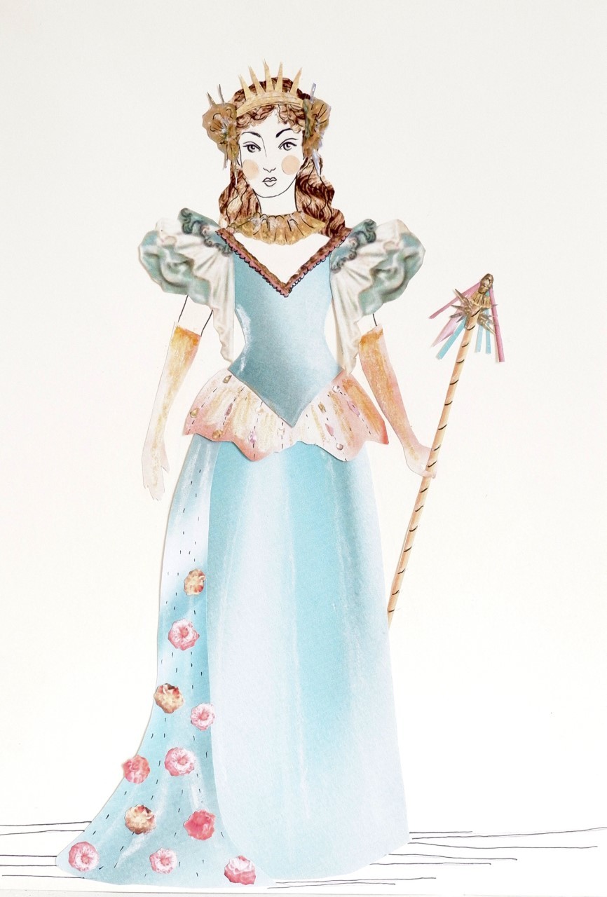 Illustration of a person in a detailed historical-style dress, holding a staff and wearing gloves and a tiara.
