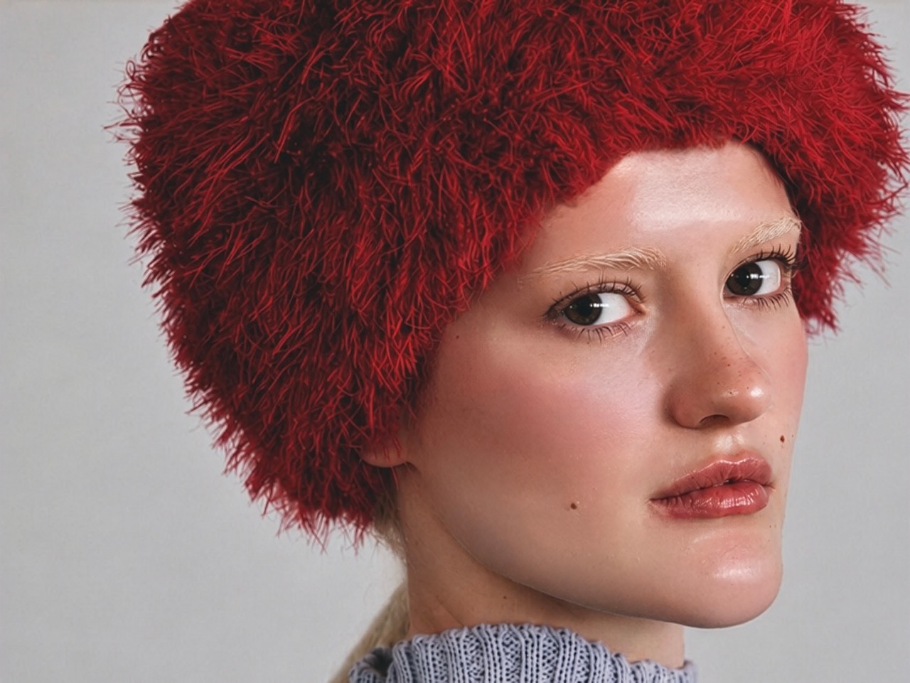 A young woman with light skin and long, straight hair is wearing a large, fluffy red hat. She has a neutral expression and is dressed in a grey sweater, with a close-up view focusing on her face.