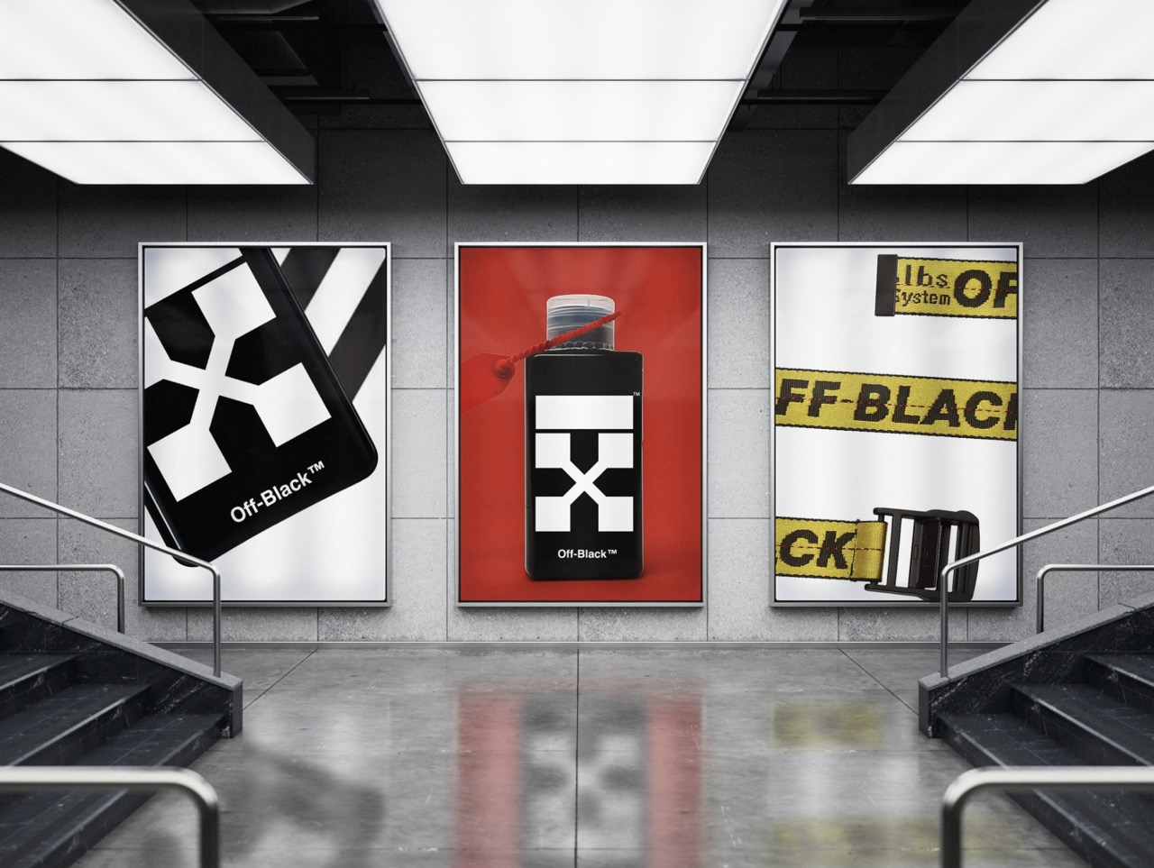 Three advertising posters displayed in a subway station. The central poster features a bottle with a red label marked 'Off-Black™'. The left poster has a black design with white geometric shapes, while the right features yellow tape reading 'OFF-BLACK'.