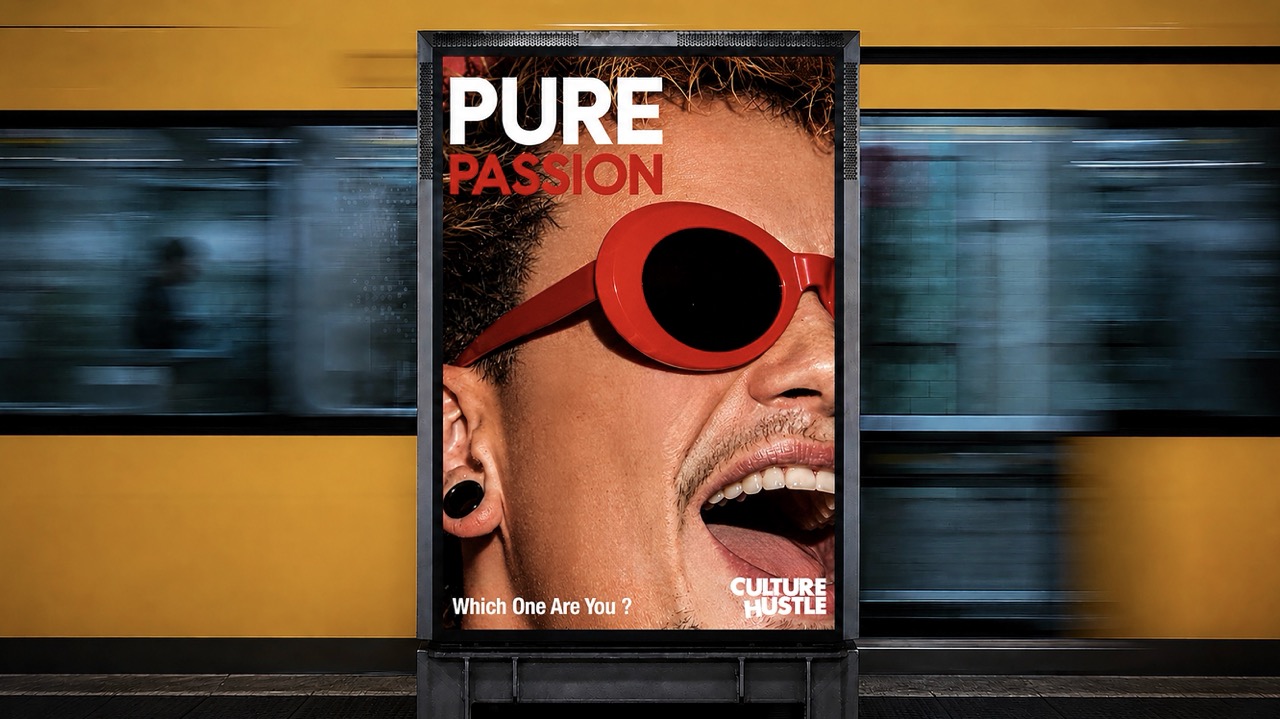 A vibrant advertisement featuring a man wearing red oversized sunglasses, with the words 'PURE PASSION' in bold white text at the top. The poster is displayed in front of a blurred yellow background, suggesting movement, with the caption 'Which One Are You?' at the bottom.