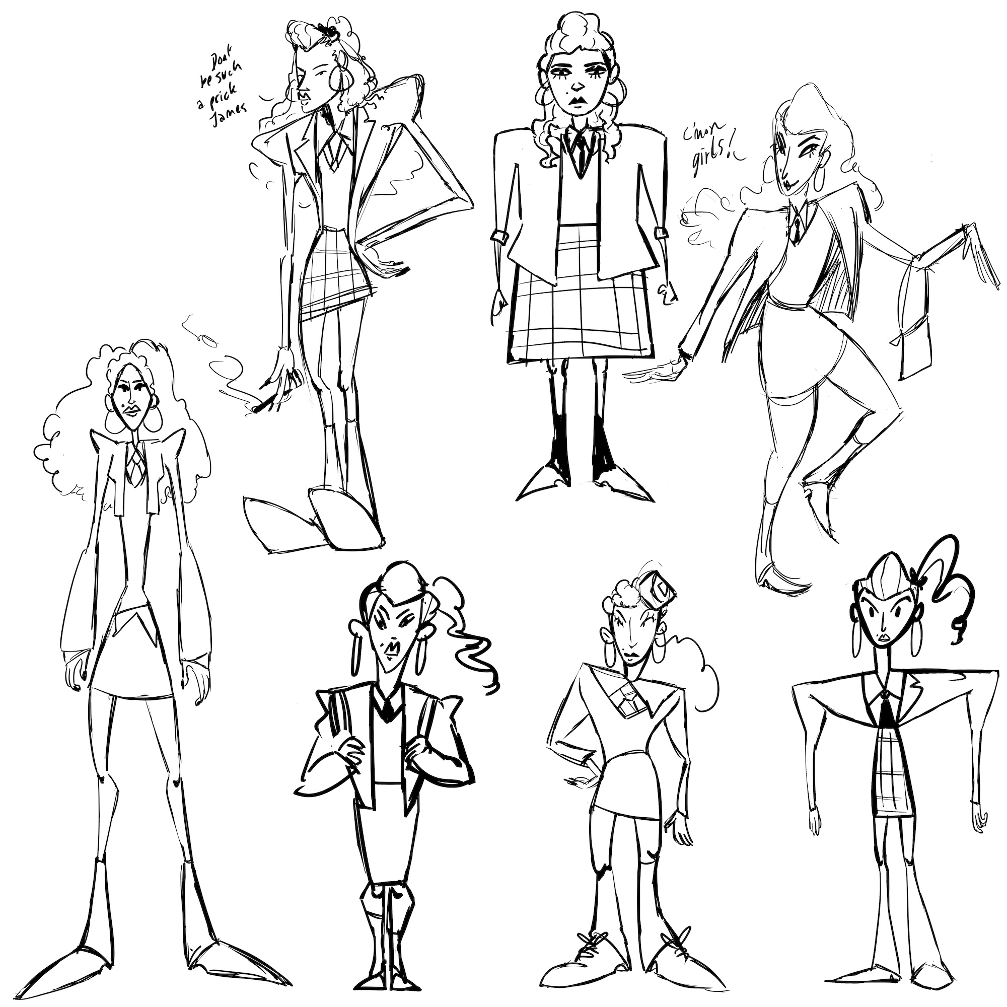 Funky sketches of a character with curly hair in school uniform different positions and expressions, white background.