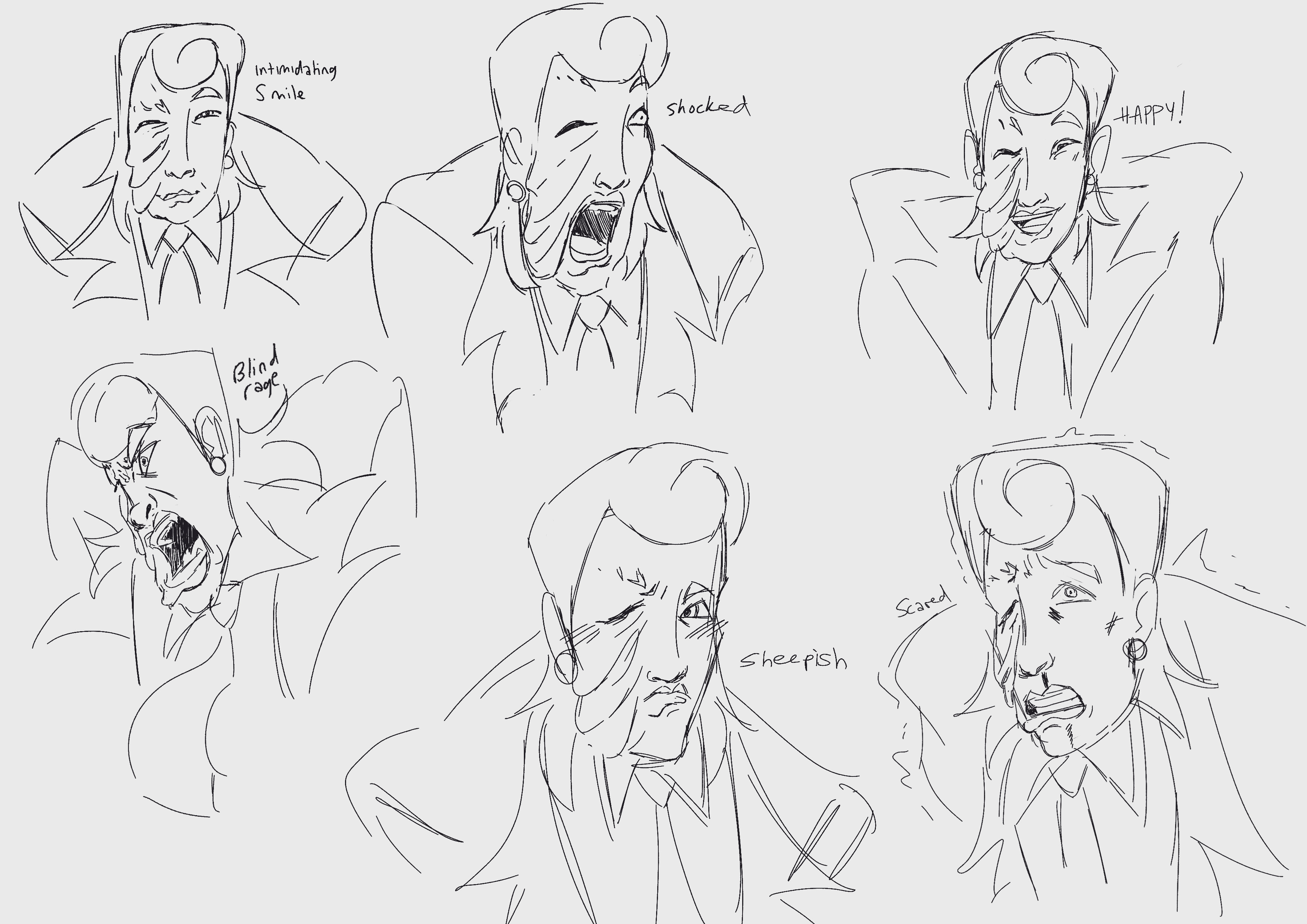 Six sketches of character in suit with drooping face on the left side, different expressions.