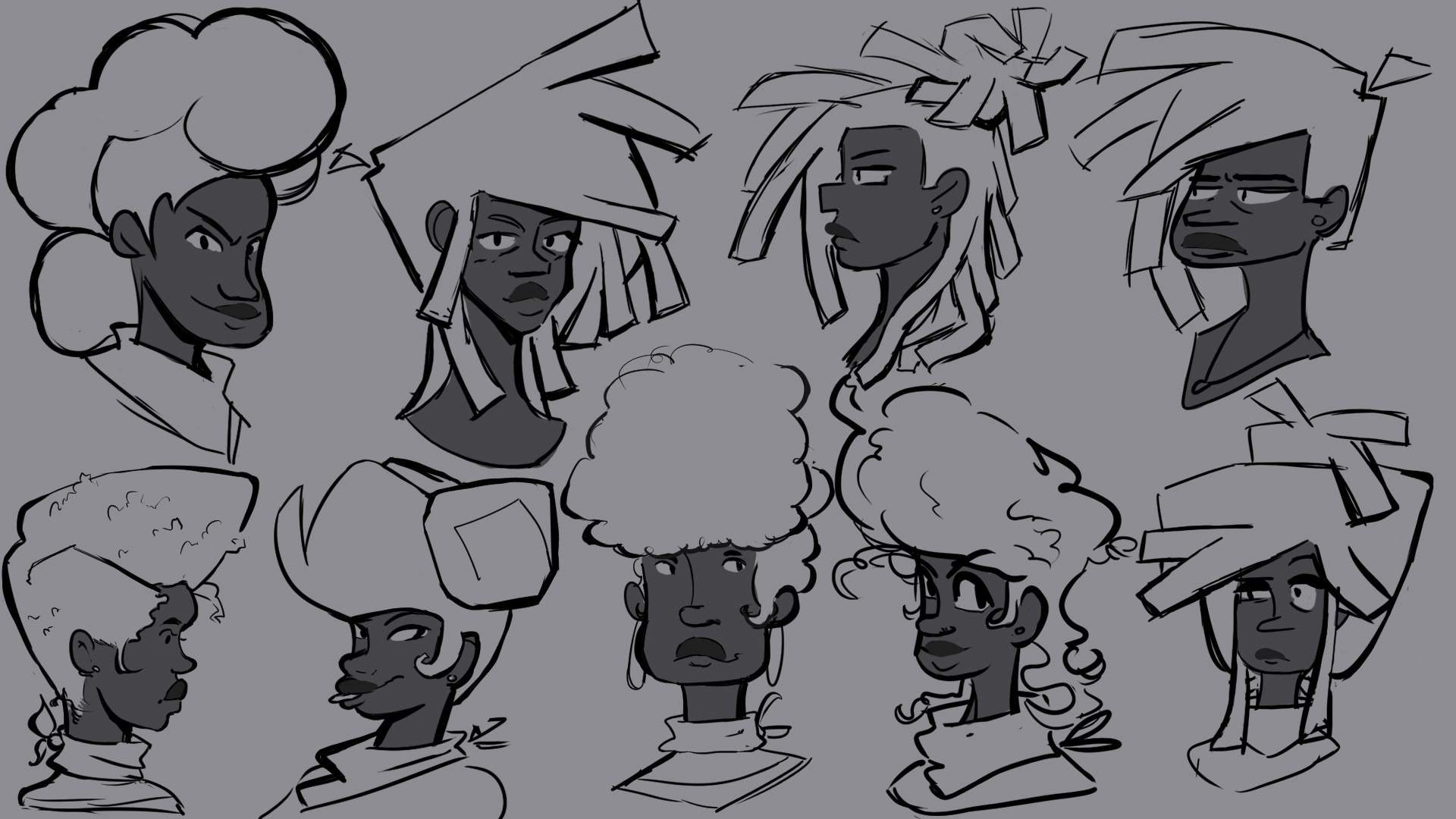 A character with dark skin and various hairstyles drawn from various angles with differing expressions
