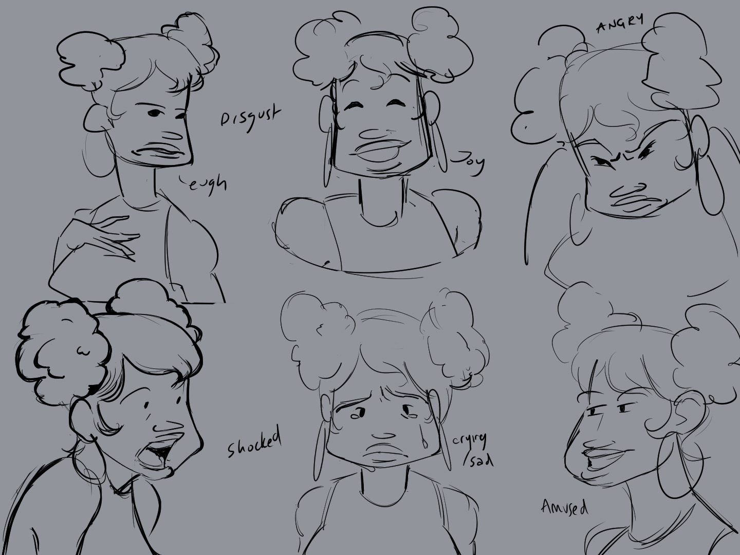 Character with hair tied up in two buns, six different expressions, sketched on paper.
