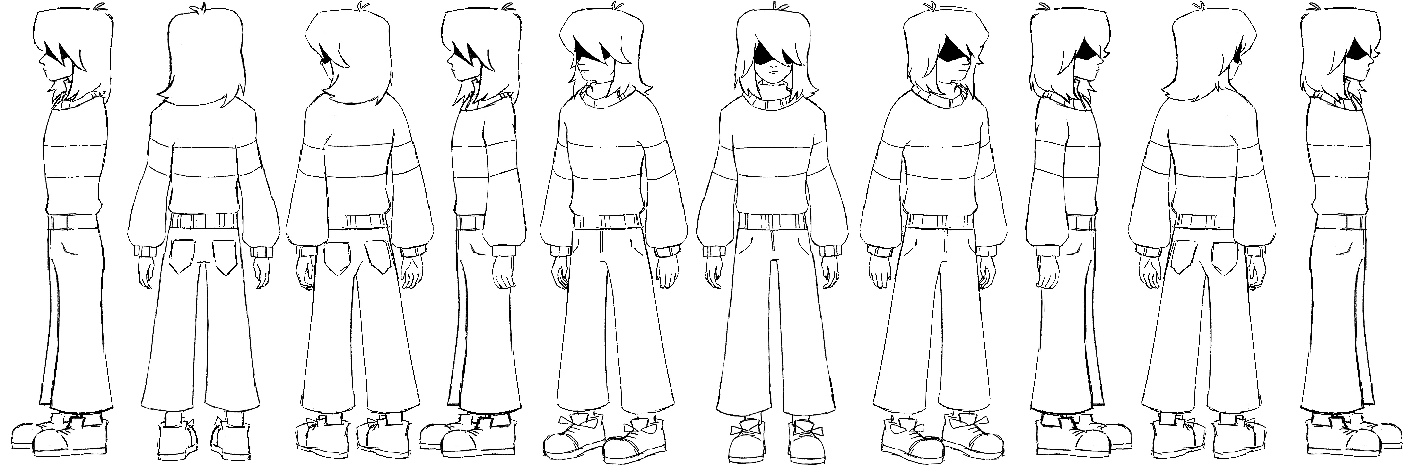 Sketches of a character with long hair, ten separate drawings of them at different angles, white background.