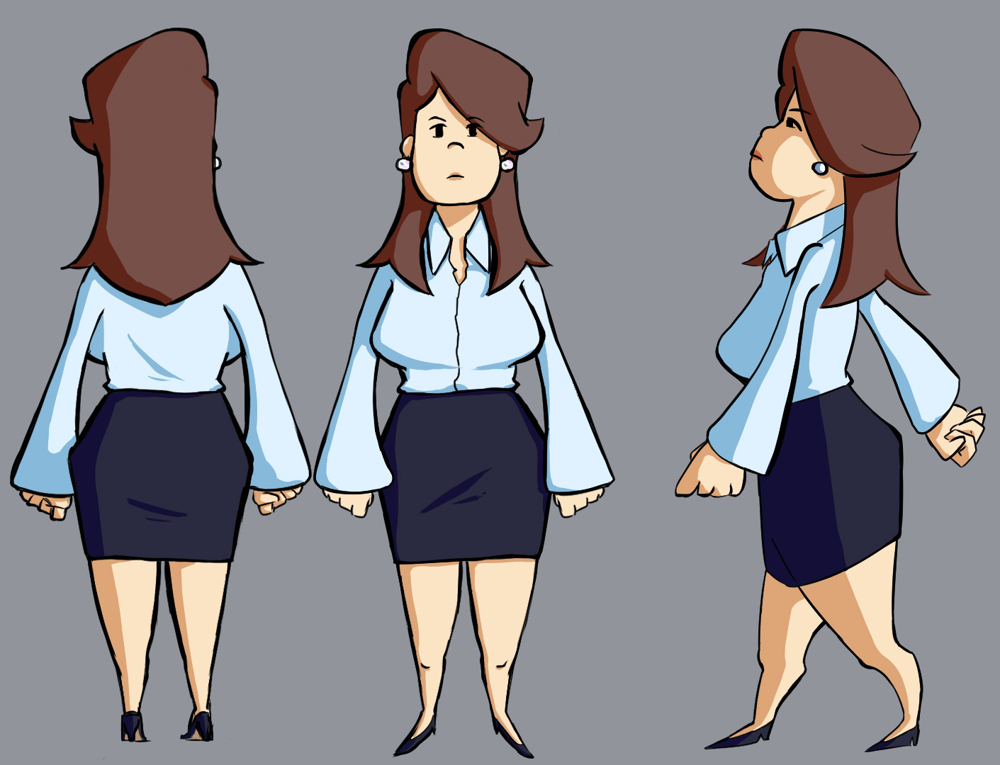 Three sketches of a woman in office uniform with brown hair, back, side and front view, grey background.