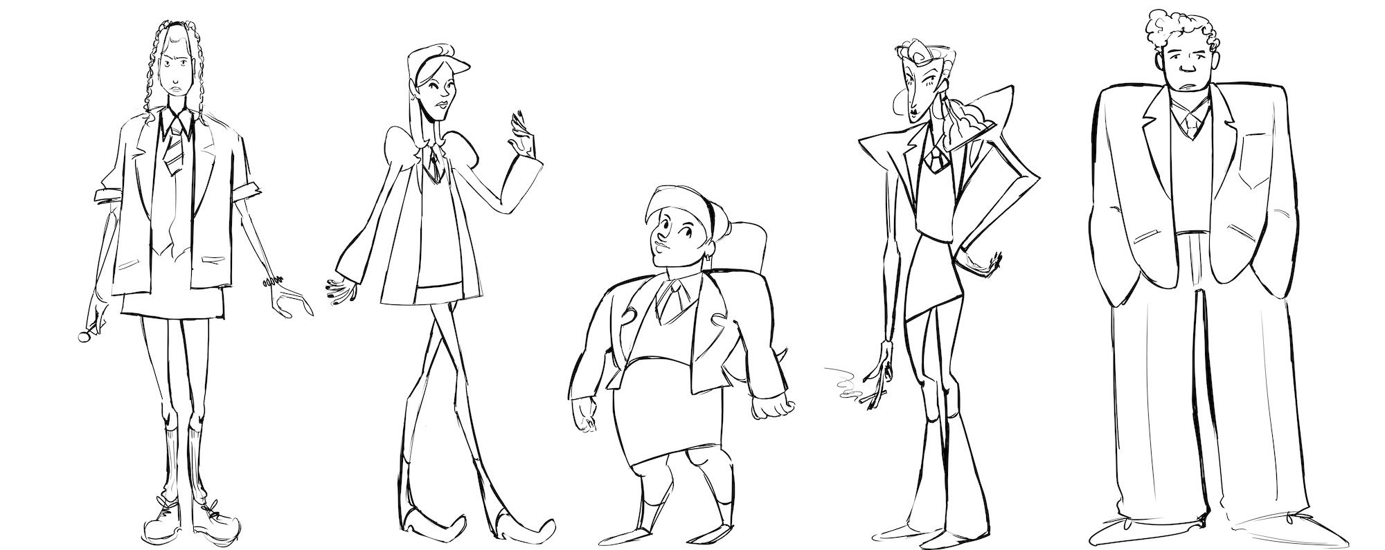 Funky sketches of characters from Derry Girls, all in school uniform with different heights and builds, white background.
